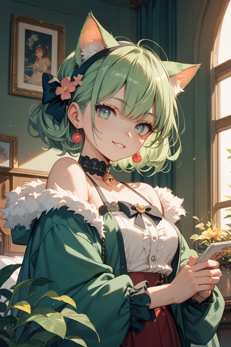 1 cat girl, emerald eyes, cat tail, cat ears, light green hair, short hair, smile, open mouth, cute, medium breasts, bare shoulders, red ribbon, (hair ribbon:1.1), dress, confetti, party, indoors, balloon, gorgeous, glitter, sharp focus, looking at viewer, upper body, (intricate:1.1), (light green tone:1.1), (light brown tone:0.9), (light green atmosphere:1.1), llustration, anime coloring, high contrast, BREAK (masterpiece:1.2), (best quality:1.2), (very aesthetic:1.2), (absurdres:1.2), (detailed background), newest, ai-generated, (intricate details:1.2),