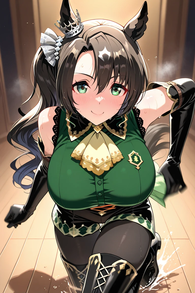 Erotic Symphogear Cut songs Yellow-green sequin corset, off-the-shoulder garter belt, fishnet tights, black background, heart-shaped bedroom, dark theme, evil, temptation, excitement, condescending smile, yandere, trance, sexy pose, upper body emphasis, upward gaze