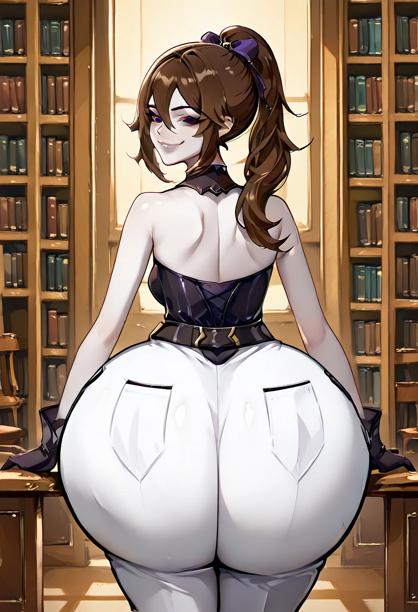 NSFW,Scathach、Long Hair、Purple Hair、(Red Eye:1.5),armor、Bodysuits、Scapula、パープルBodysuits、ショルダーarmor、Thighs、Embarrassed,blush,(Perfect hands),(Perfect Anatomy),(masterpiece),(highest quality),Hands on hips,library,Large bookshelf