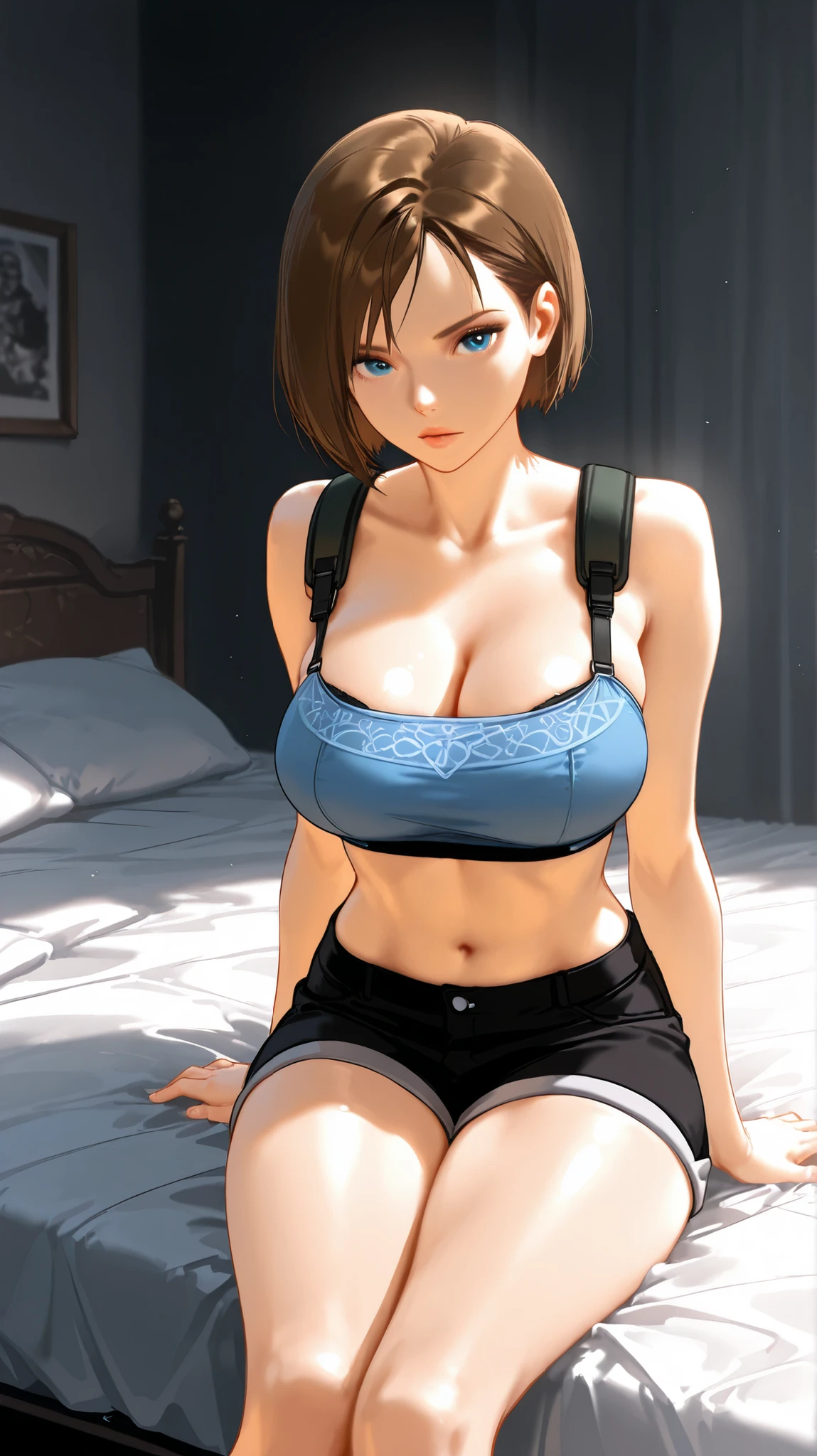 1girl, obra-prima, Best Quality, incredible quality, Jill Valentine, bra-top, looking at the viewer, looking at the viewer, sitting on the bed, shorts, no quarto,