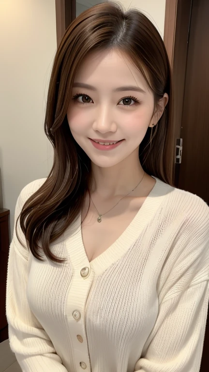(8K, highest quality, masterpiece:1.2), (realistic, Photoreal:1.37), super detailed, one girl, cute, solo, wave hands,Dim,((rest one's chin on one's chin)),((small chest)), (nose blush), (laughter:1.3), beautiful and fine eyes, (hair length: 1.2), Floating hair NovaFrogStyle, Upper body, black tops,Thin short-sleeved blouse
