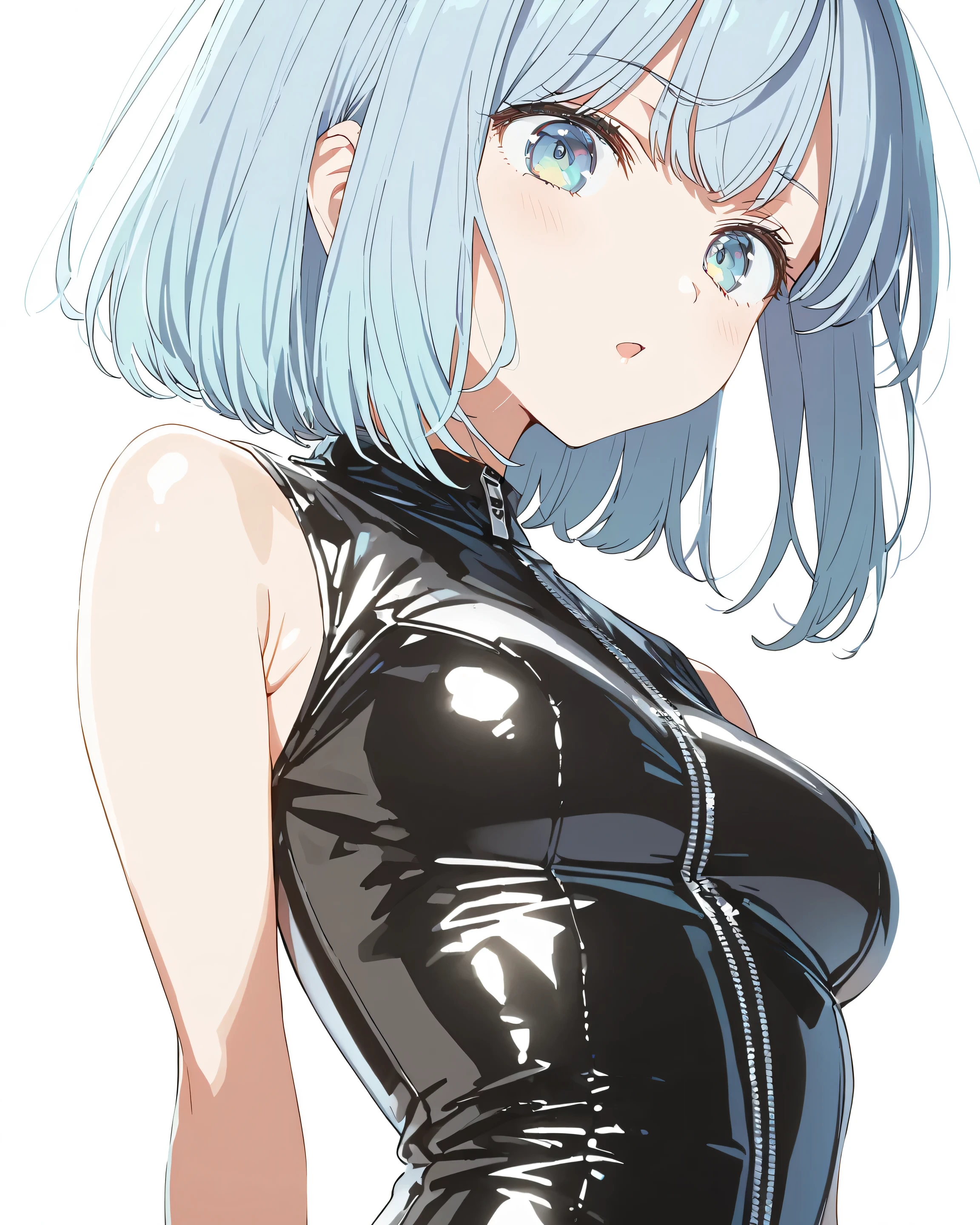 ((masterpiece, highest quality:1.2)),cowboy shot,1woman,20 year old beauty,solo,((very small head)),messy hair,short hair, light blue hair,blue eyes,blunt,((very long and slender body)),toned body,skinny,medium breasts,shiny skin,Navy blue sleeveless mini dress、turtleneck、white_thighhighs、
