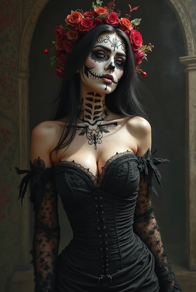 Create a hyper detailed photograph of a jack Skellington tattoos young stunning gorgeous sexy sally Skellington, Stunningly perfect gorgeous face, perfect makeup, detailed vibrant eyes, long black hair,detailed perfect beautiful legs, detailed perfect beautiful arms, realistic torso, detailed pale silky smooth skin, detaile perky breast, perfect round ass, transparent strappy lace lingerie, facing backwards looking forward,