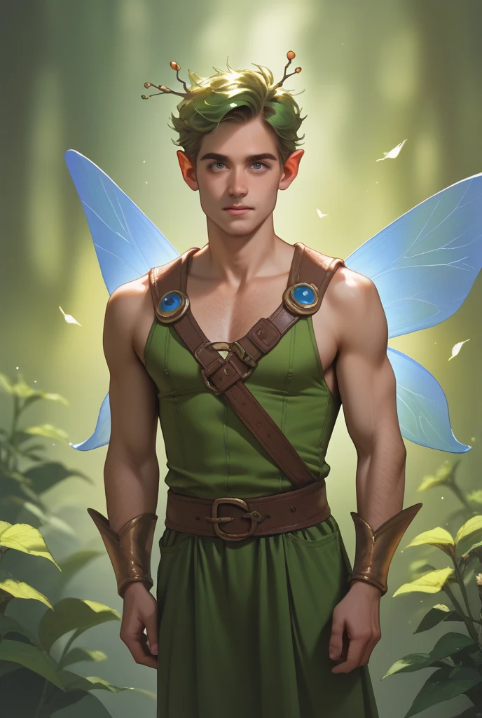 American classic comic book art: ethereal delicate young man, curly light brown hair, blue eyes, tanned skin, pointed ears, bright green tiara on the forehead, bright green tiny fairy outfit, forest, vines and flowers, lime green energy,bigbutt, shaved,tanned beautiful thighs, very young face man, freckles, fairy man, prancing, lime green leaves tiny mini skirt, nicebutterf, comic book,