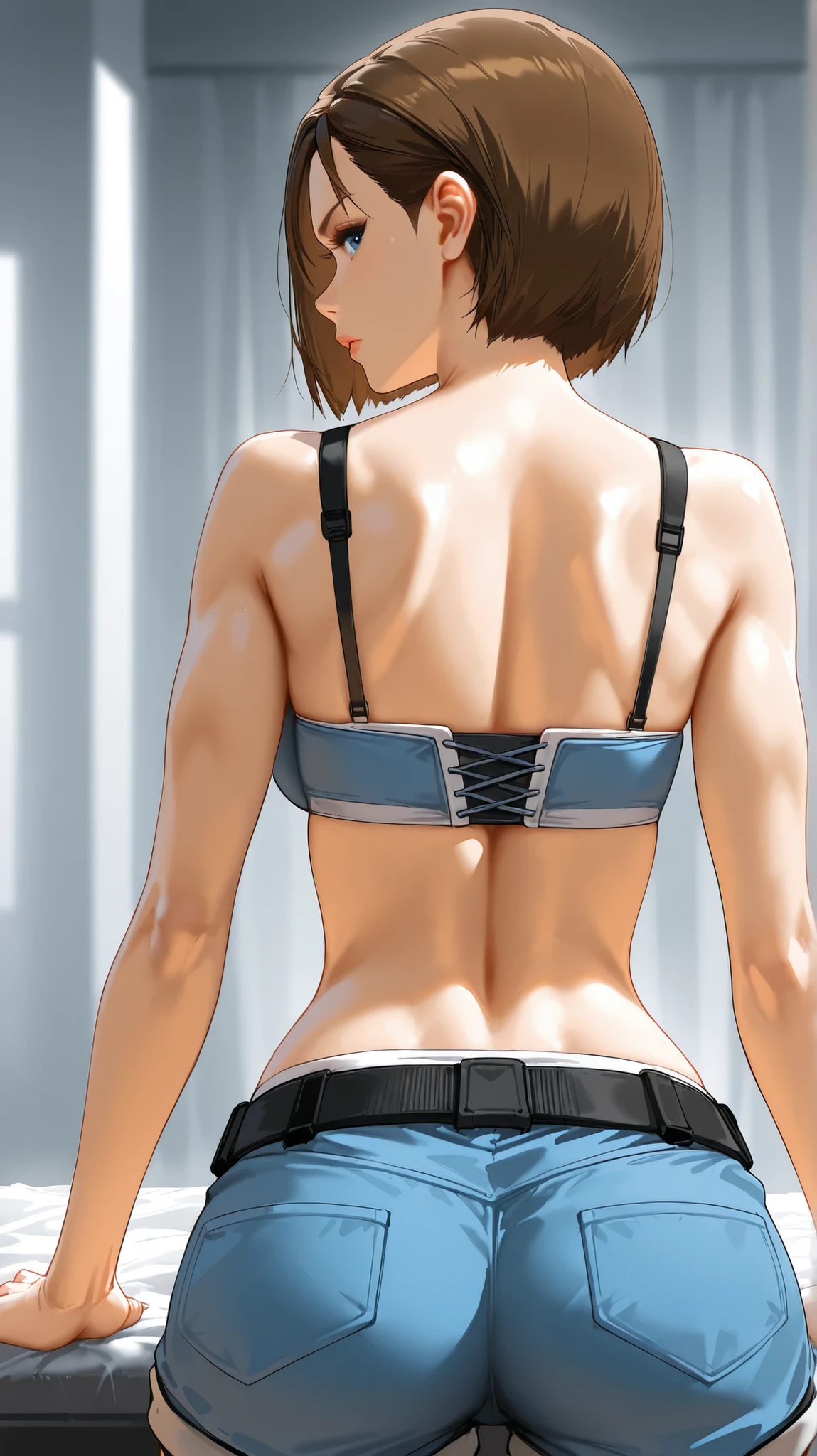 Beautiful cybernetic girl looking at camera with realistic masterpiece of detailed muscles in underwear,Slender,Nipples,Active Pause, Action pose, Loose Ruth |, Gold Parts, fringe, Short-haired, Back view, coastal