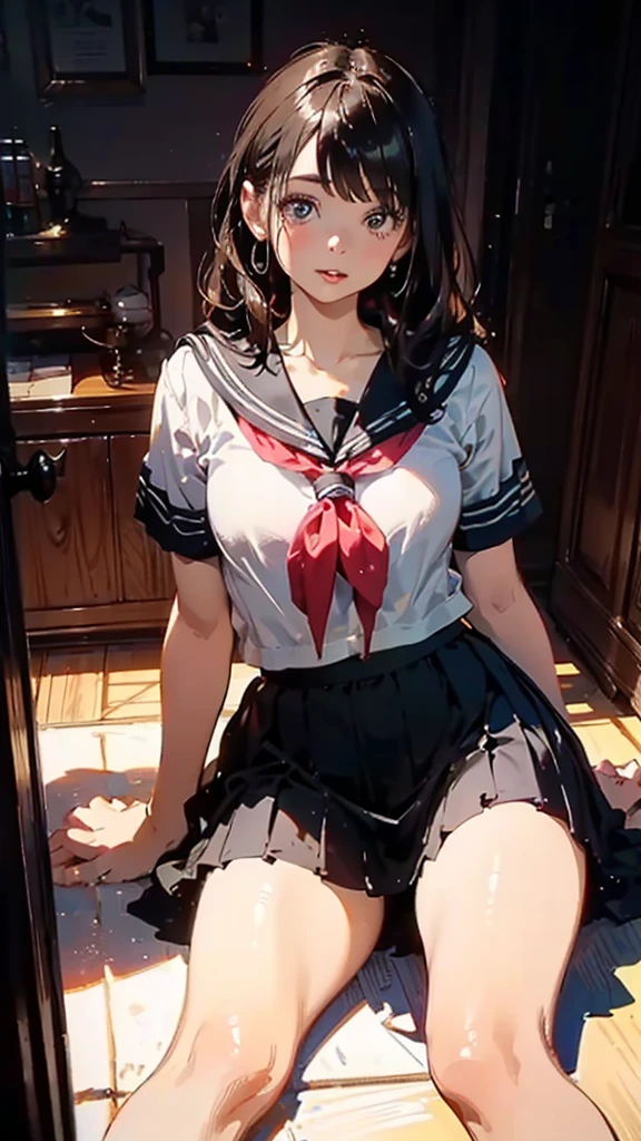 Long-haired anime girl sitting on bed
