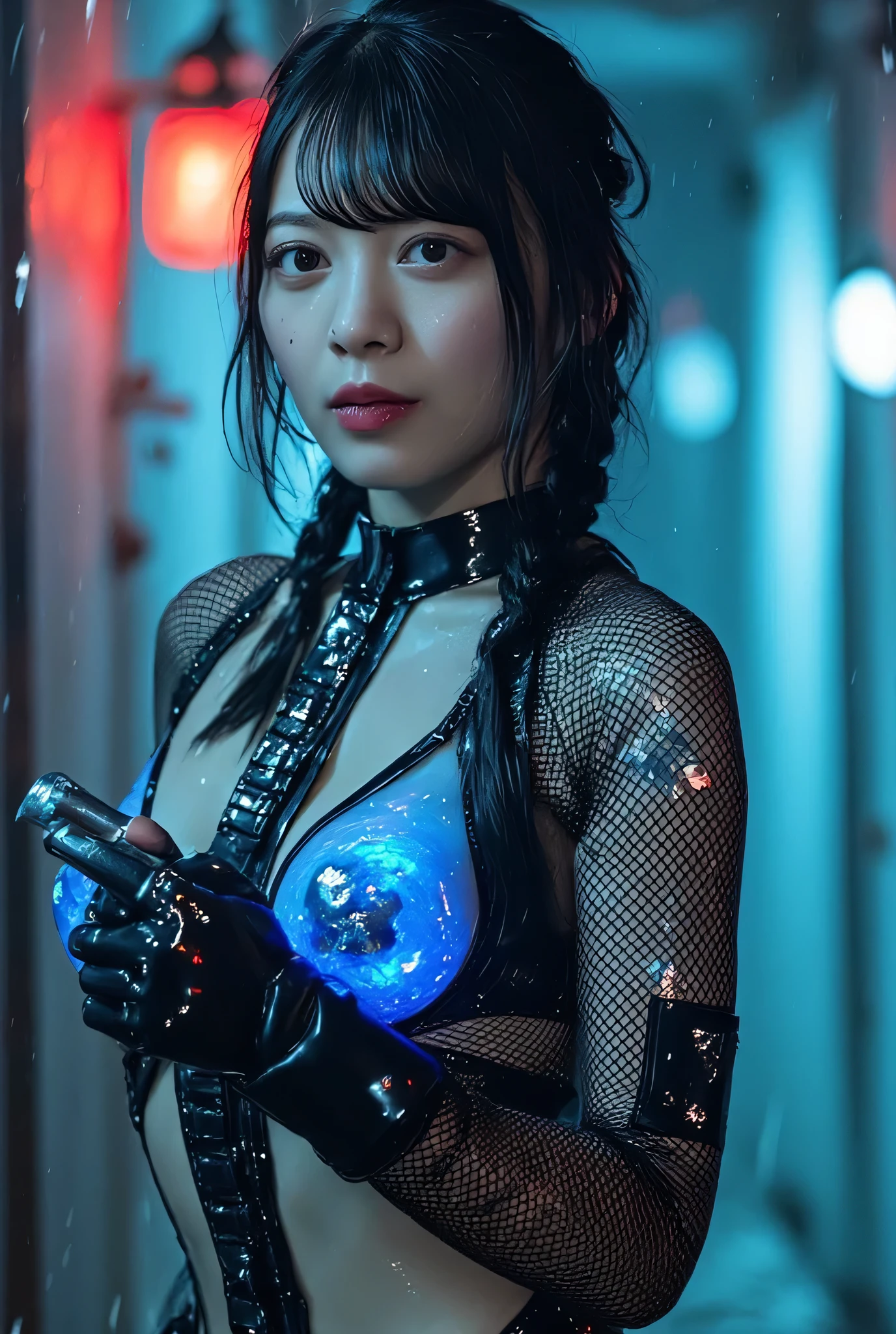 (((In the Midnight Rain:2.0))),(((HR Gigger style cyberpunk vibe:2.0))),(((Hold the laser gun:2.0))),( point the muzzle at the viewer:1.7),(((full body:2.0))),one woman,Female Samurai ,(cute faces:1.5),(Beautiful well-balanced face :2.0),((Long braids with bangs:2.0)),(black hair:1.5),(beautiful eyes:1.3),( s:1.3),glamorous shot of a 20-year-old Japanese woman, Slender Beautiful Body ,((model body type:2.0)),((slim body:1.7)),Perfect Body Line,ideal proportions,((small breasts:2.0)),((B cup breasts:1.5)),beautiful breasts,Bare thighs,Sensual Thighs,delicate body,(succulent:1.7),harmonious posture,((Realistic breast depiction :1.7)),((can see lower breasts:2.0)),carefully depicting limbs based on perfect anatomy,fingers based on perfect anatomy inside the dark Nostromo,(((near-future samurai style armor with blue shining translucent glass corset:2.0))),Filled with multicolored LEDs,(((super high leg panties made of clear glass that fit the body:2.0))),(((translucent nipples shining with blue LEDs:2.0))),(((Coarse mesh fishnet stockings:2.0))),(Hide your nipples with a nipple:1.5),((Coat style kimono with iron decoration:2.0)),(full body:1.5),((Tactical Holster:1.5)),(gloves:1.3),concept art,(of the best quality:1.5),(masterpiece:1.5),(超高resolution),resolution,UHD,(Delicate Description), carefully drawn with butterfly wings ,32k,((Realistic Skin Texture:1.5)),(((ultra-realistic:1.5))),carefully draw eyelashes,Highly Detailed Face,Highly detailed female hand, Sexy appearance ,very sensual,(Blurry Dim Backgrounds :1.5),professional photo shoot,(Movie Lighting:2.0),((Blade Runner style light:2.0))