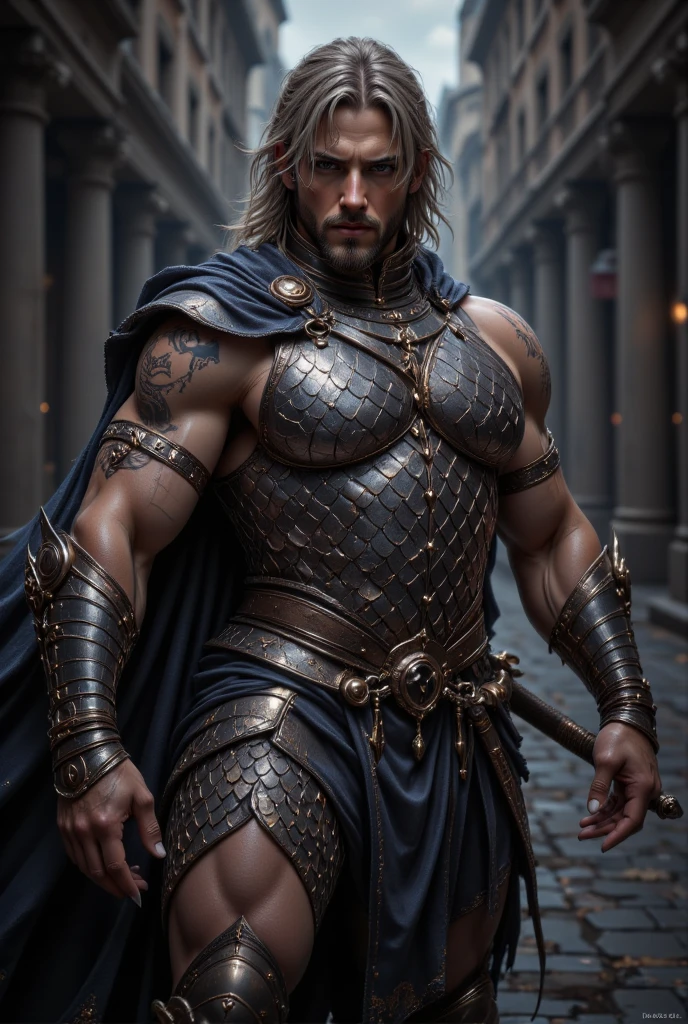 warrior man with big sword, muscular man of micro loincloth with bulge, sword in hand, bulge in micro loincloth, city background, bright and gleaming sword, quality image, best quality, in attack position, realistic details, magic particles, whole body image, clothes with golden details, long hair tied, scar on face, image catching all body, boots with golden details, blood particles, golden armor, uncovered abdomen, micro leather thong, scar on chest, part of leather armor, manly man, man with big hair, big bulky muscles, whole body, medieval scenery, photo particles, rays of sunlight in the background, full body image, whole glass appearing in photo, medieval city background, Medieval setting, hair flying in the wind, erection