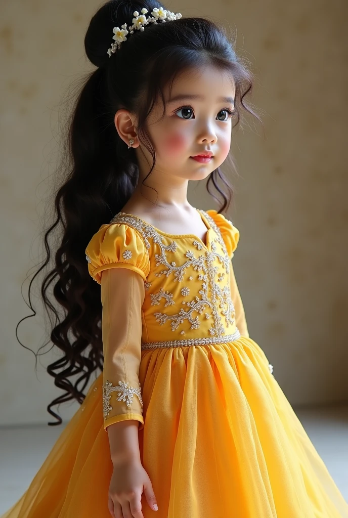 Highest quality, Ultra High resolution, Beautiful facial details, Real human skin, Gentle expression, Long black hair, Realistic, realistic, cute, All over, Yellow and white clothes,  girl: 6 years ing in the room