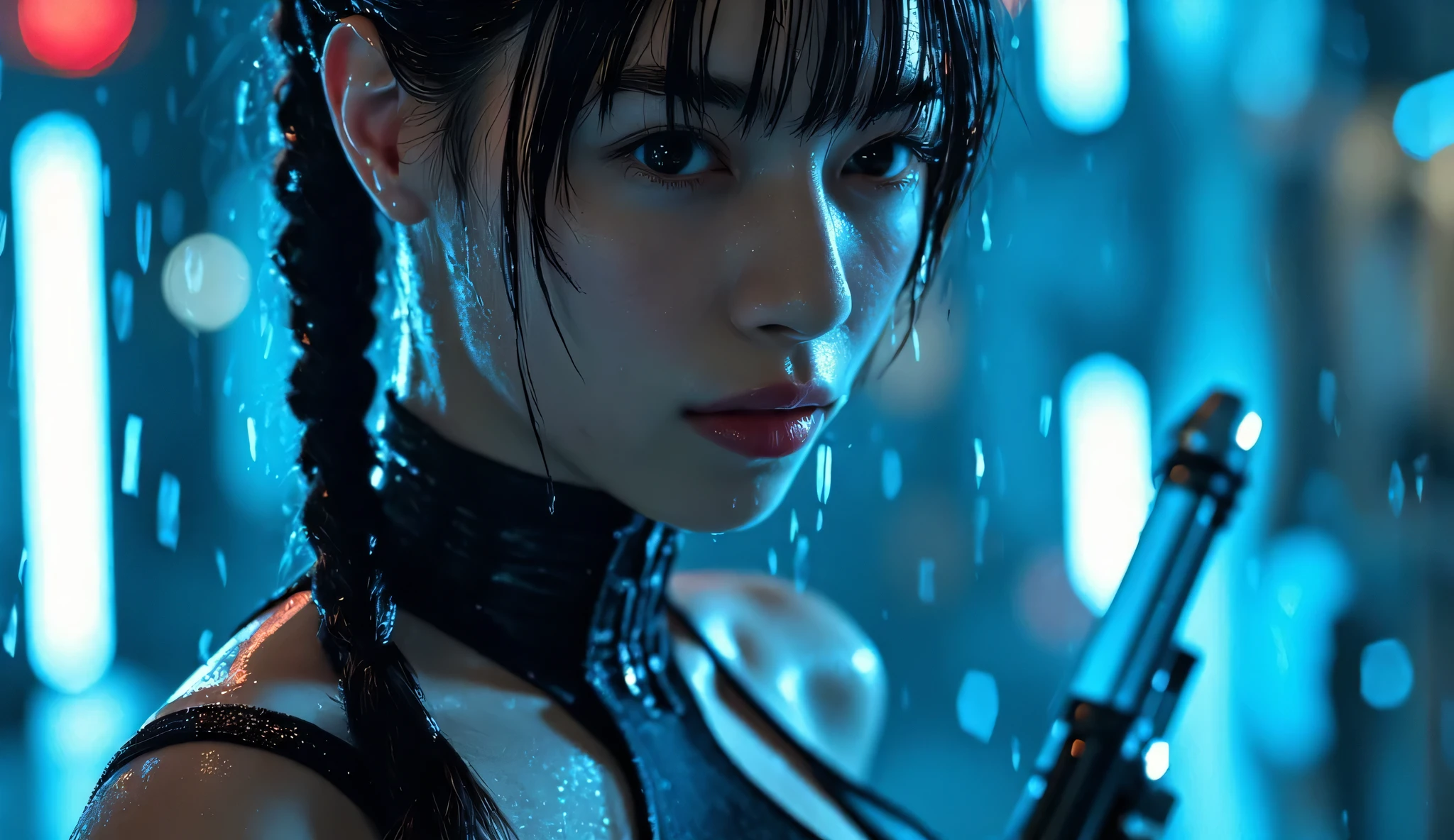 (((In the Midnight Rain:2.0))),(((HR Gigger style cyberpunk vibe:2.0))),(((Hold the laser gun:2.0))),(( point the muzzle at the viewer:1.7)),((full body:2.0)),one woman,Female Samurai ,(cute faces:1.5),(Beautiful well-balanced face :2.0),((Long braids with bangs:2.0)),(black hair:1.5),(beautiful eyes:1.3),( s:1.3),glamorous shot of a 20-year-old Japanese woman, Slender Beautiful Body ,((model body type:2.0)),((slim body:1.7)),Perfect Body Line,ideal proportions,((small breasts:2.0)),((B cup breasts:1.5)),beautiful breasts,Bare thighs,Sensual Thighs,delicate body,(succulent:1.7),harmonious posture,((Realistic breast depiction :1.7)),((can see lower breasts:2.0)),carefully depicting limbs based on perfect anatomy,fingers based on perfect anatomy inside the dark Nostromo,(((near-future samurai style armor with blue shining translucent glass corset:2.0))),Filled with multicolored LEDs,(((super high leg panties made of clear glass that fit the body:2.0))),(((translucent nipples shining with blue LEDs:2.0))),(((Coarse mesh fishnet stockings:2.0))),(Hide your nipples with a nipple:1.5),((Coat style kimono with iron decoration:2.0)),(full body:1.5),((Tactical Holster:1.5)),(gloves:1.3),concept art,(of the best quality:1.5),(masterpiece:1.5),(超高resolution),resolution,UHD,(Delicate Description), carefully drawn with butterfly wings ,32k,((Realistic Skin Texture:1.5)),(((ultra-realistic:1.5))),carefully draw eyelashes,Highly Detailed Face,Highly detailed female hand, Sexy appearance ,very sensual,(Blurry Dim Backgrounds :1.5),professional photo shoot,(Movie Lighting:2.0),((Blade Runner style light:2.0))