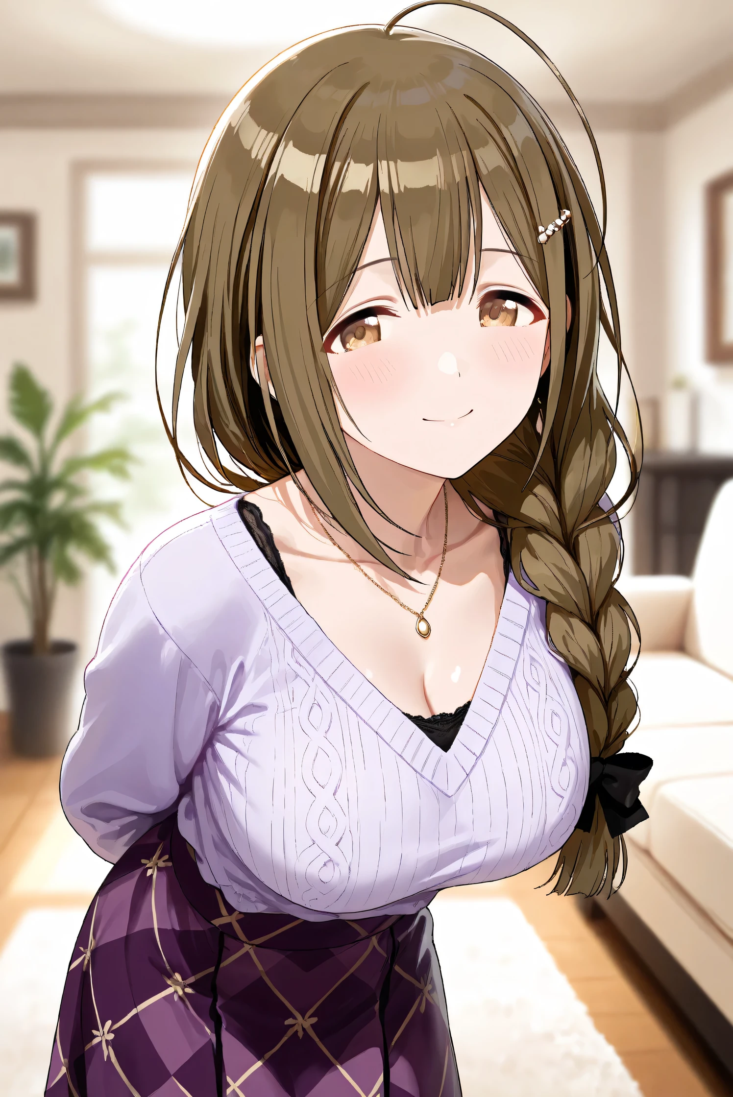 (Masterpiece), (Highest quality), (Very detailed),
(The best shape), (Best Shadow), (Absurd),
(Detailed background), (So beautiful), Shiny ,
Extraordinary, Countershading, 8k, 32K, High resolution, Beautiful eyes in every detail,
Very Detailed CG, UHD,
Score_9, Score_8_up, Score_7_up, Source_anime,
(Pastel painting:1.2), (Watercolor painting:1.2),
(Masterpiece, Detailed:1.2), (Foreshortening:1.2),
Cinematic, Dramatic, (Depth of field:1.4),
(Blurry background:1.4), (Realistic background:1.4),
(Foreshortening:1.3),Dynamic angle, 1 girl, (from side:1.2),
Indoor, Living room, Houseplants,
Kuwayama chiyuki,
The idolmaster shiny colors,
kuwayama chiyuki,
(Breasts:0.7), Brown hair, Large breasts, Ahoge, Long hair, Brown eyes, Braid, Collarbone,
(Casual wear:1.3),
Sweater, V-neck sweater, light purple sweater,
(Black underwear:1.3),
Medium skirt, Purple skirt, (Argyle check pattern skirt:1.2),
Necklace, Hairpin,
Portrait, Upper body, Focus on face,
(Blush:1.3), Happy, smile,
Realistic skin, Shiny skin,
Standing, Arms behind back, Leaning forward,