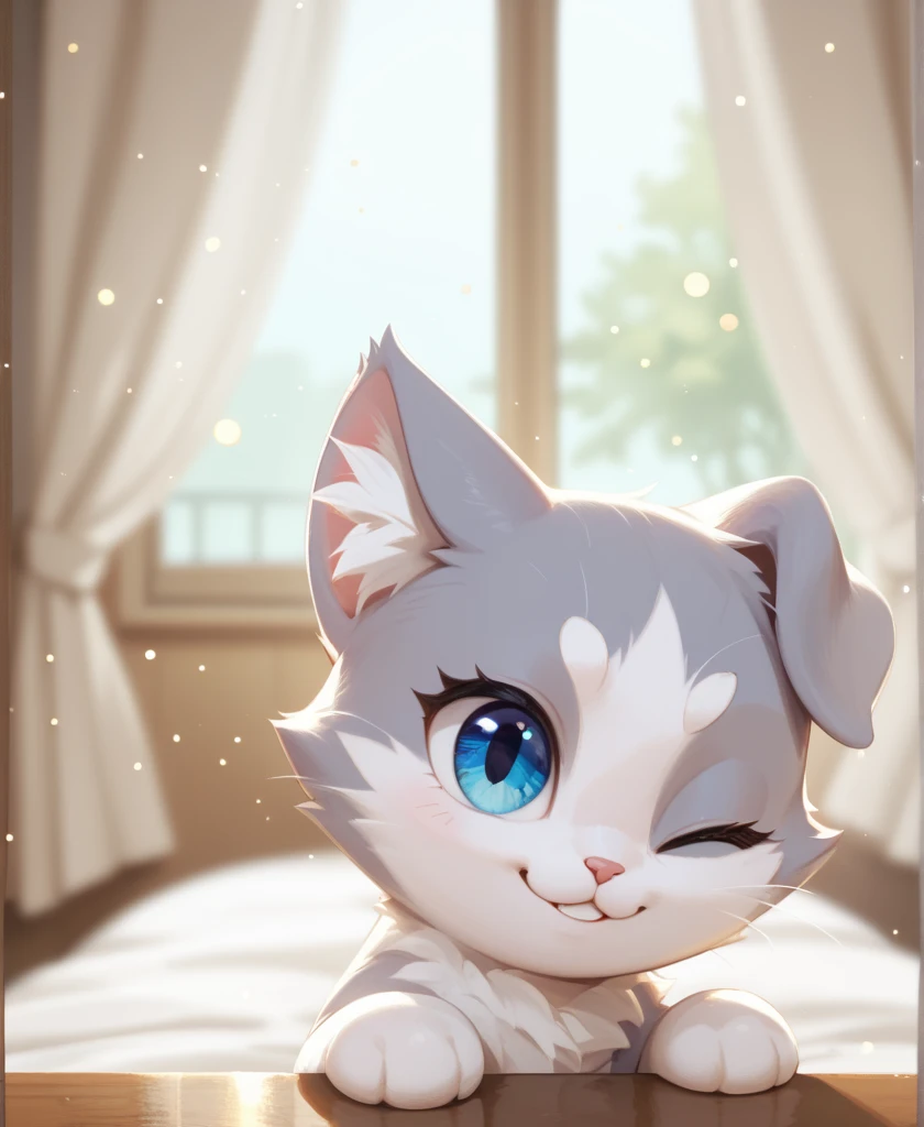 depth of field, perfect lighting, light particles,(best quality),(masterpiece),(ultra detailed),sharp focus,  puck, :3, aqua_eyes,  blue_eyes, cat, :d, smile, solo, tail, <lora:40_pucklike25d-000002:0.8>, pov, close-up,  upper body, windows, curtains,  bedroom, all fours,