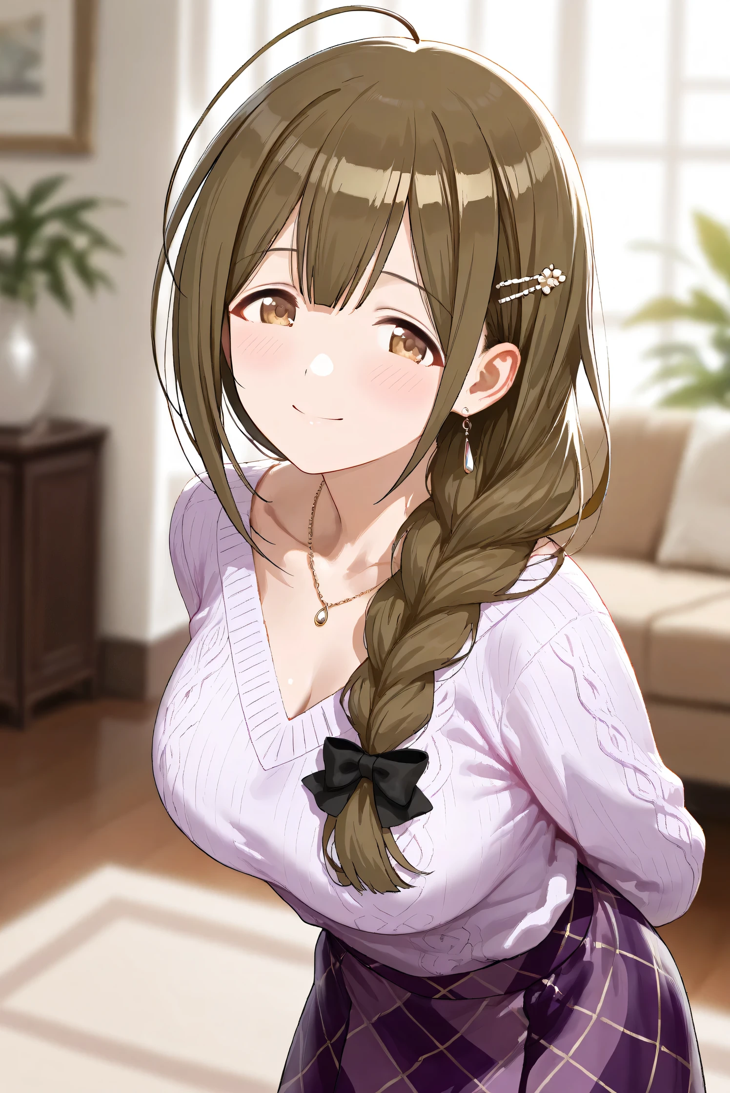 (Masterpiece), (Highest quality), (Very detailed), 
(The best shape), (Best Shadow), (Absurd), 
(Detailed background), (So beautiful), Shiny , 
Extraordinary, Countershading, 8k, 32K, High resolution, Beautiful eyes in every detail,
Very Detailed CG, UHD,

Score_9, Score_8_up, Score_7_up, Source_anime, 
(Pastel painting:1.2), (Watercolor painting:1.2),
(Masterpiece, Detailed:1.2), (Foreshortening:1.2),

Cinematic, Dramatic, (Depth of field:1.4),
(Blurry background:1.4), (Realistic background:1.4),
(Foreshortening:1.3),Dynamic angle, 1 girl, (from side:1.2),
Indoor, Living room, Houseplants,

Kuwayama chiyuki,
The idolmaster shiny colors,
kuwayama chiyuki,
(Breasts:0.7), Brown hair, Large breasts, Ahoge, Long hair, Brown eyes, Braid, Collarbone, 

(Casual wear:1.3),
Sweater, V-neck sweater, light purple sweater, 
(Black underwear:1.3),
Medium skirt, Purple skirt, (Argyle check pattern skirt:1.2),
Necklace, Hairpin,

Portrait, Upper body, Focus on face,
(Blush:1.3), Happy, smile,
Realistic skin, Shiny skin,
Standing, Arms behind back, Leaning forward,