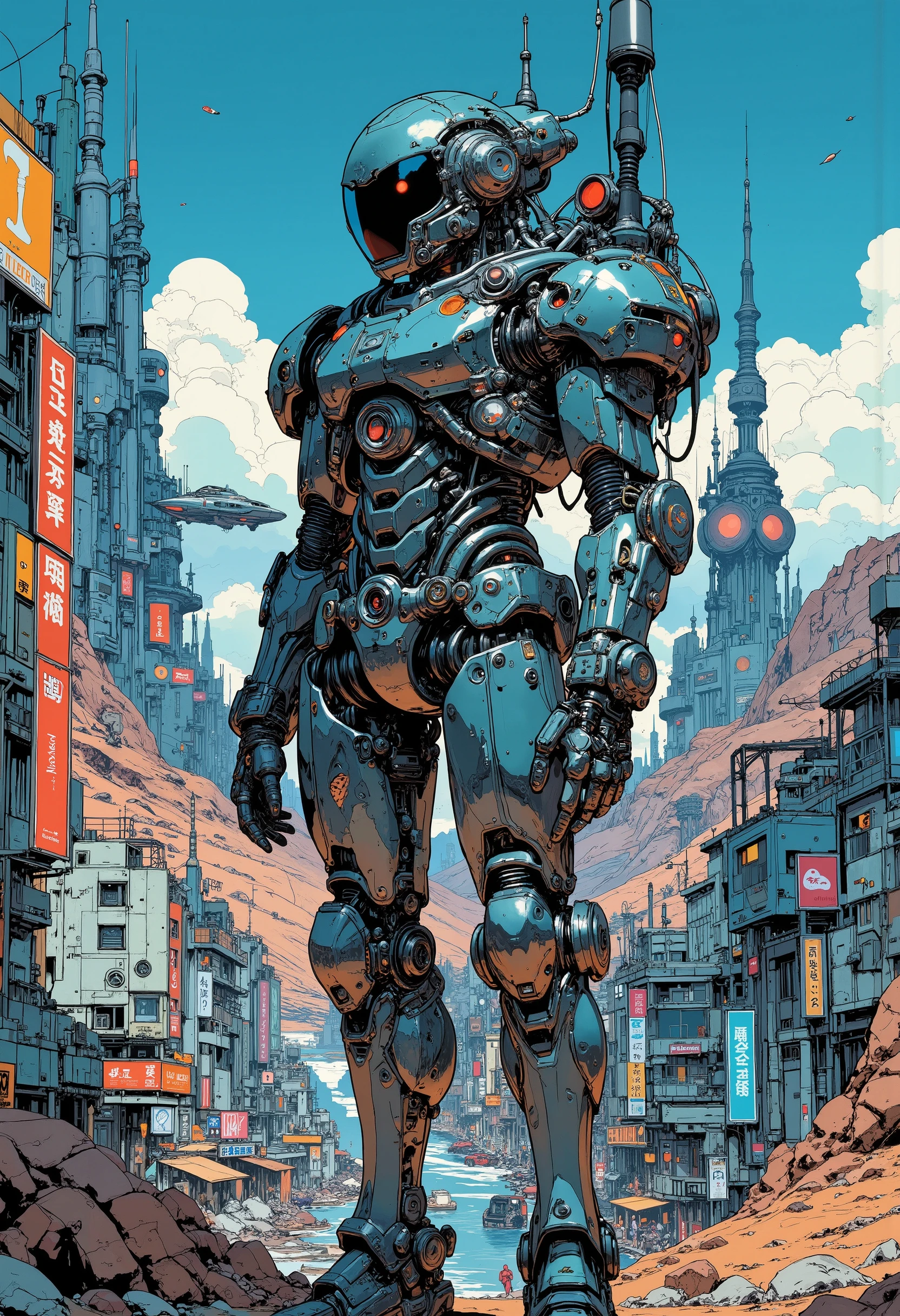 An epic sci-fi space colony built on a rocky planet, a view of the reflection of an alien sky-fi urban landscape on the front panel of a robot with perfect reflectivity, semi-realistic stylized digital author's art, manga style, cyber-futurism, cyber-punk, the highest detail,