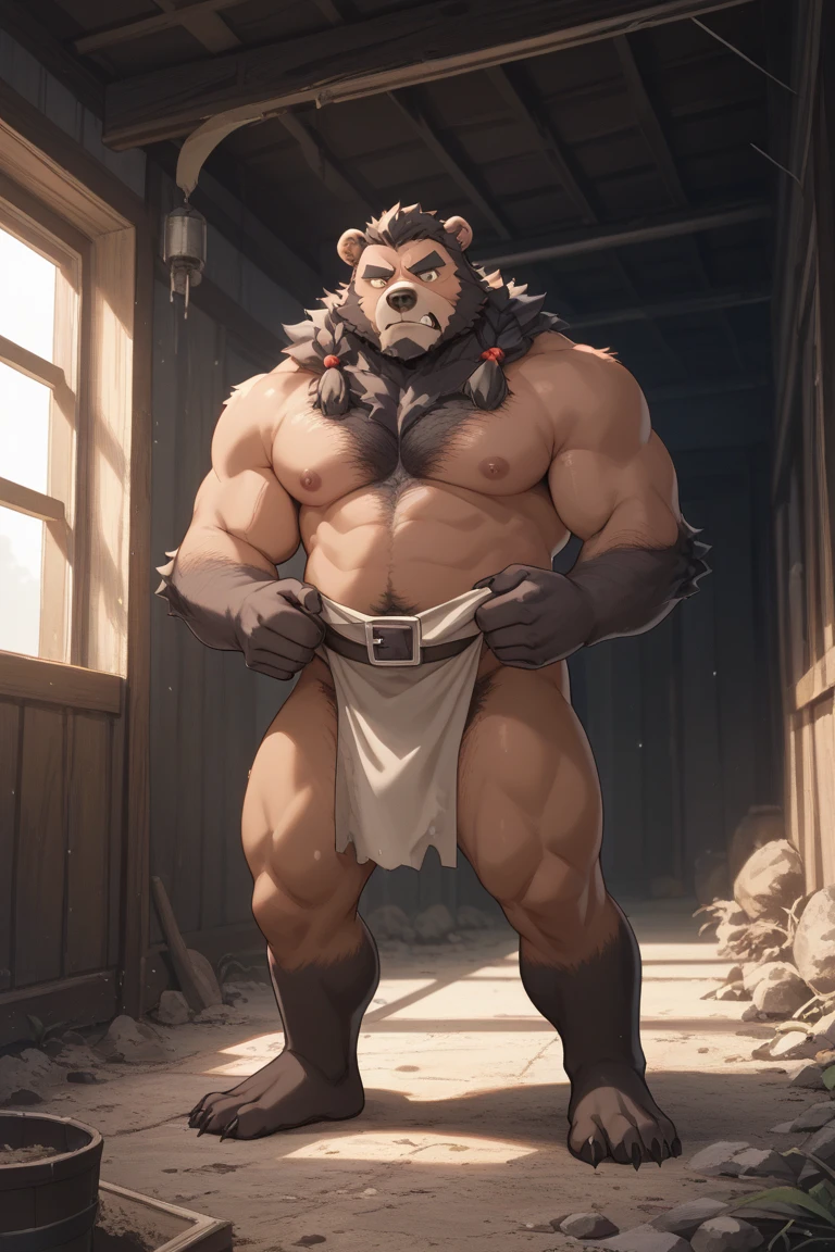Furry Wild Boar, Kemono, Goggles, Wears a Harness, Loincloth, Hairy body, Pectorals, Erect nipples, Muscular fat man, Large bulge, chubby,
