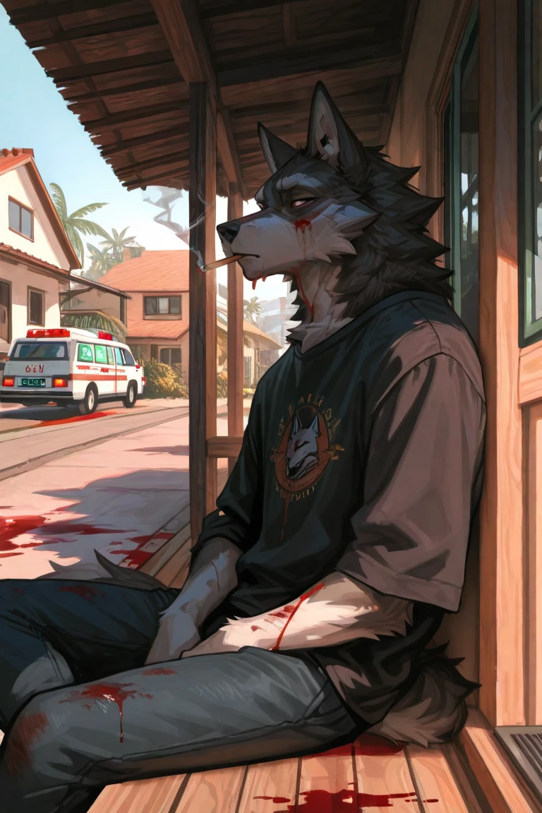 Draw a werewolf,16 years old,Lying on the ground,Legs straight,red liquid on face,Topless,Bare paws,Wear black trousers,There are wounds on the body,Fainted from pain,Being painfully knocked down in the ring,Stomach,Eyes closed,Knife in the chest,Open mouth naturally,Red liquid near mouth,Stick out your tongue,Legs and hands are bandaged,Keep your legs straight, There's red liquid all over the floor,masterpiece,Furry Art,Animal Art