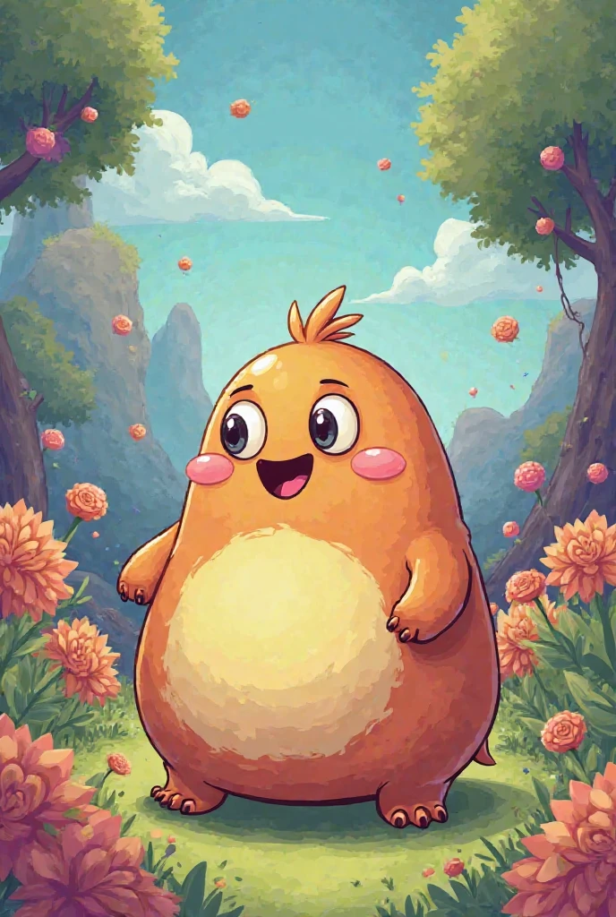 A fat boy,illustration,round face,rosy cheeks,big bright eyes,wide smile,chubby hands,funny expression,lively and cheerful,playing in a colorful garden with flowers,green grass and blue sky,best quality,ultra-detailed,realistic,portrait,vivid colors,warm and vibrant tones,natural lighting.