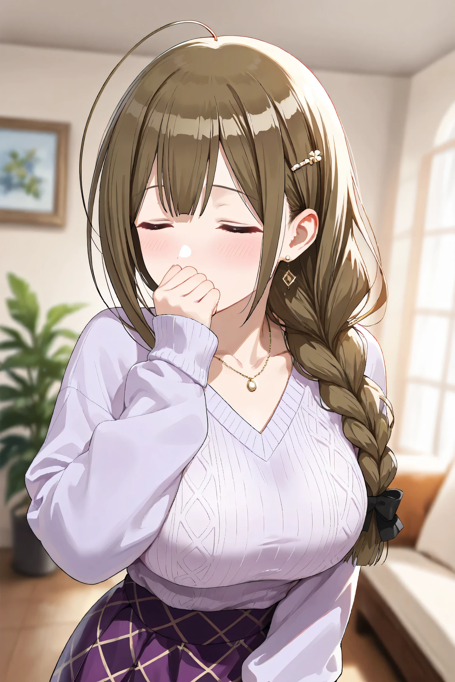 (Masterpiece), (Highest quality), (Very detailed),
(The best shape), (Best Shadow), (Absurd),
(Detailed background), (So beautiful), Shiny ,
Extraordinary, Countershading, 8k, 32K, High resolution,
Very Detailed CG, UHD,
Score_9, Score_8_up, Score_7_up, Source_anime,
(Pastel painting:1.2), (Watercolor painting:1.2),
(Masterpiece, Detailed:1.2), (Foreshortening:1.2),
Cinematic, Dramatic, (Depth of field:1.4),
(Blurry background:1.4), (Realistic background:1.4),
(Foreshortening:1.3),Dynamic angle, 1 girl, (from side:1.2),
Indoor, Living room, Houseplants,
Kuwayama chiyuki,
The idolmaster shiny colors,
kuwayama chiyuki,
(Breasts:0.7), Brown hair, Large breasts, Ahoge, Long hair, Braid, Collarbone,
(Casual wear:1.3),
Sweater, V-neck sweater, light purple sweater,
(Black underwear:1.3),
Medium skirt, Purple skirt, (Argyle check pattern skirt:1.2),
Necklace, Hairpin,
Portrait, Upper body, Focus on face,
(Blush:1.3), Happy, her eyes closed,
Realistic skin, Shiny skin,
Standing, laughing, covering mouth with one hand,