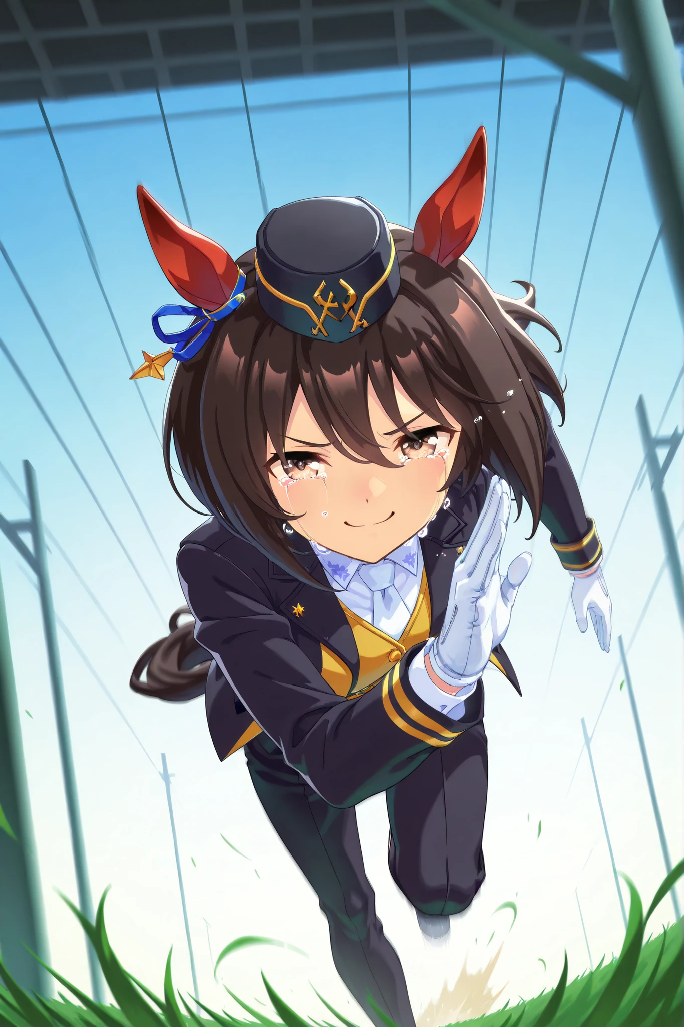 Solo,anime style,Dutch angle,Looking ahead,clear sky,grass course,A packed straighted auditorium,((dynamic pose,running,motion blur)),red ear cover,BLACK HAIR SHORT BOB,brown eyes,railway peaks cap,lapel vest suit,White gloves,smug,happy tears,sobbing,umamusume,digital art