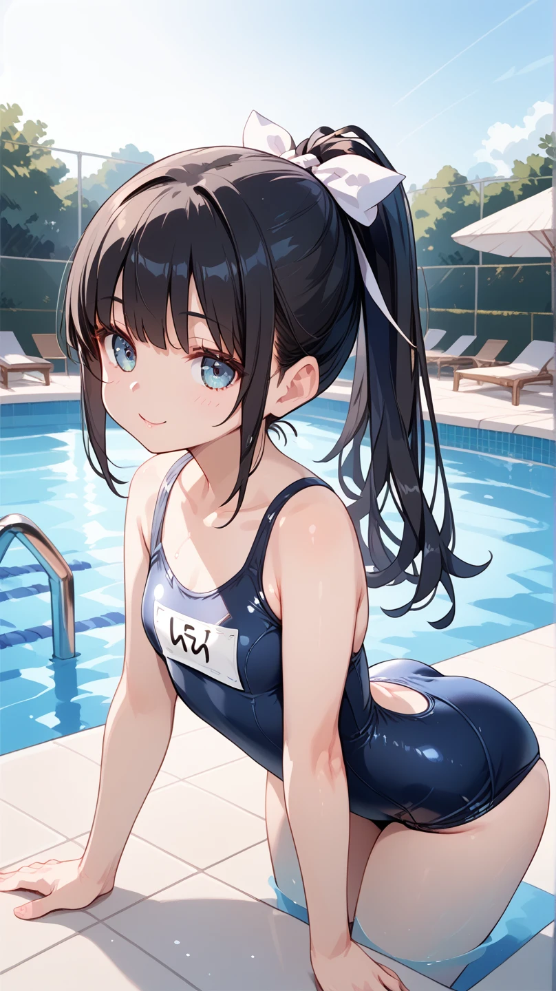 (nsfw:1.5)((垂れeye)),(((Twin tails))),Dark brown hair,pupil_Black,pupil_big,eye_small,Baby Face,round face,8k wallpaper, (shape:0.8), (Beautiful attention to detail:1.6), Highly detailed face, Perfect lighting, Extremely detailed CG, (Perfect hands, Perfect Anatomy),Home garden,Large garden,（Pool）,セレブの家の庭にはPoolがあります,Surrounded by nature,School Swimsuit,Sit by the fountain,Spiteful smile,