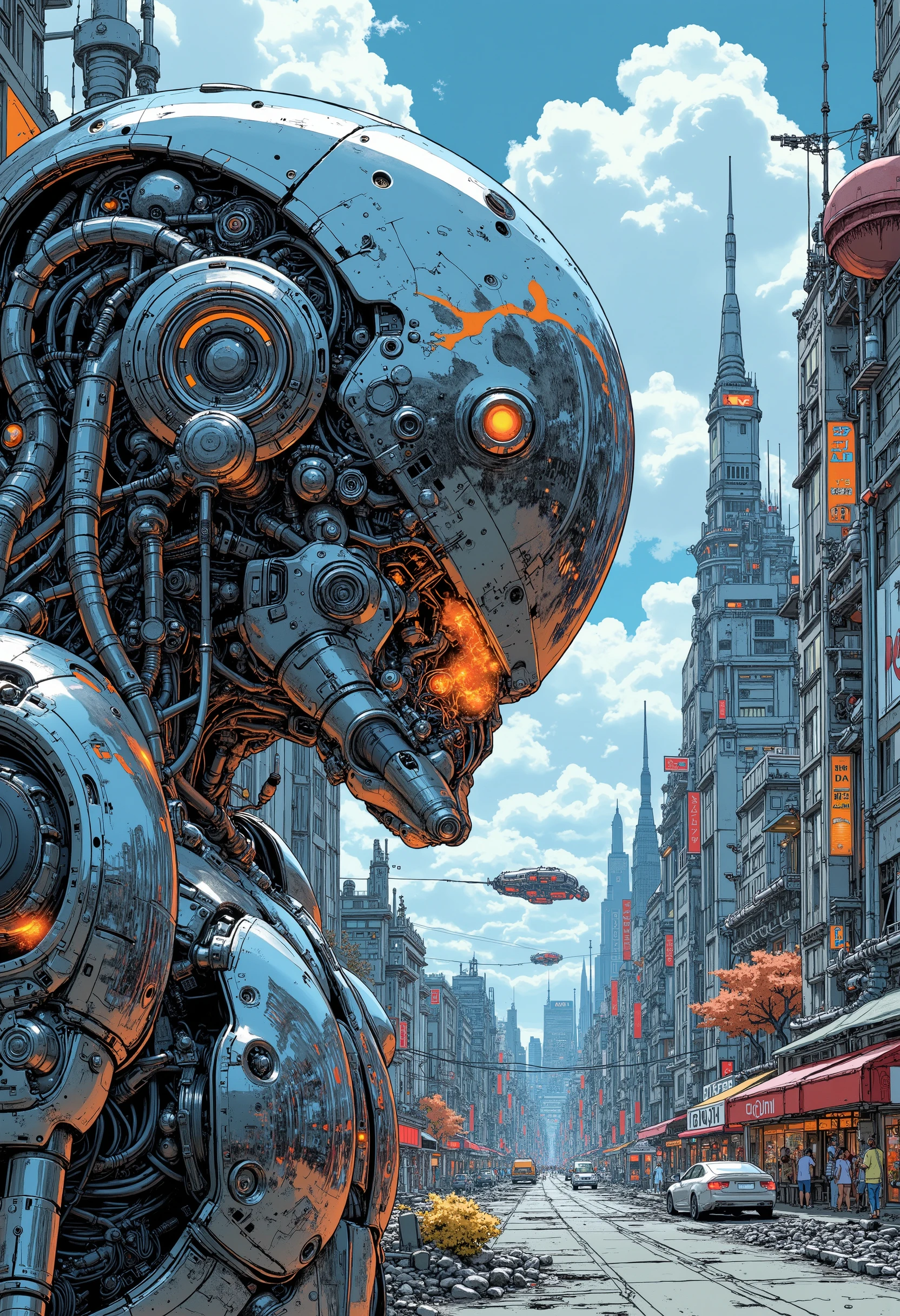 An epic sci-fi space colony built on a rocky planet, a view of the reflection of an alien sky-fi urban landscape on the front panel of a robot with perfect reflectivity, semi-realistic stylized digital author's art, manga style, cyber-futurism, cyber-punk, the highest detail,
