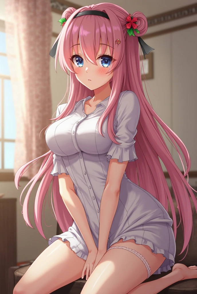 1 girl, Chest, Split, skirt, hand套, wedding_skirt, 蕾丝side半身裙,short skirt,hand里拿着flower, 橙色的hair, 大Chest, elbow_hand套, jewelry, white_skirt, white_hand套, gauze, necklace, inside the room, bride_gauze, bare shoulders, 蓝色的Eye, blush, hair_decorate, Smile, wedding_ring, white_flower, white_hair, clavicle, white_necklace, Strapless, Strapless_skirt, curtain, Bangs, hair_ribbon, hair_flower, one_side_up, hand_up, ribbon, hair_between_Eye, 褶side, window, V shape_Eyebrow,whole body,white lace stockings,masterpiece,upright,