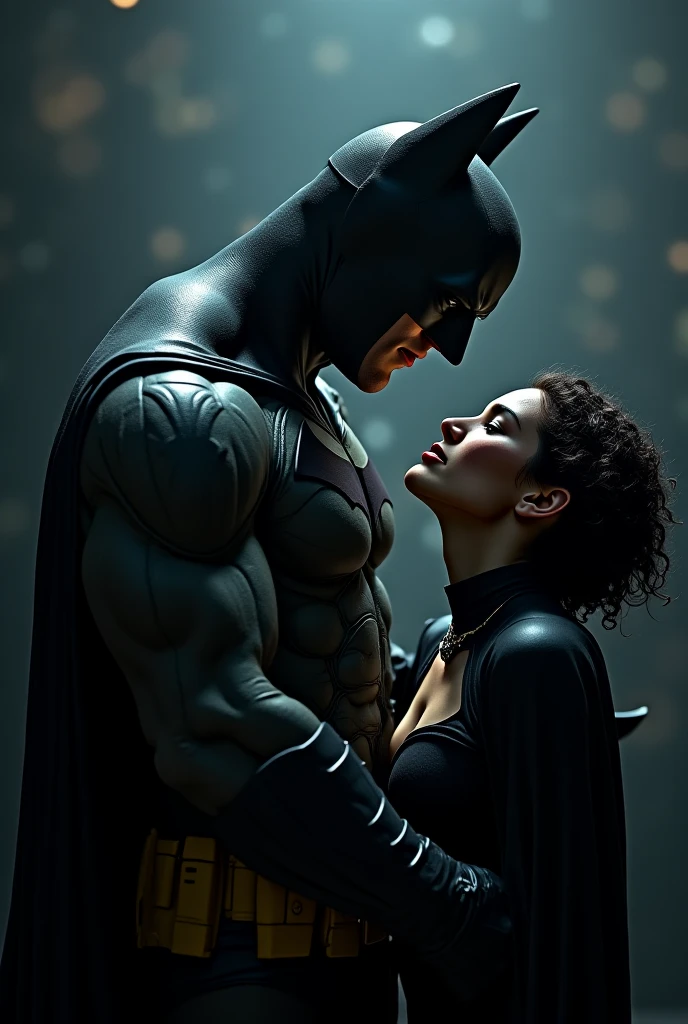 (best quality,highres:1.2),realistic Batman and Catwoman kissing,vivid colors,expressive love,urban night scene,bat signal projected on the clouds,mysterious silhouette of Gotham City in the background,romantic atmosphere,attentive eyes,deep passion,hint of danger,shadows and highlights emphasizing their connection,city lights reflecting on their faces,beautifully detailed lips,sparkling chemistry between them,dynamic composition,feeling of motion and intensity,impressive chiaroscuro lighting,emotional depth,steamy and passionate moment,iconic superhero couple,secretive rendezvous at rooftop,electric and magnetic attraction,memorable and impactful artwork.