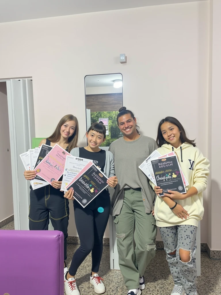 A group of five italian 10 years old Little girls , standing, barefeet, black yoga pants, black shirt, smile, classroom, whiteboard