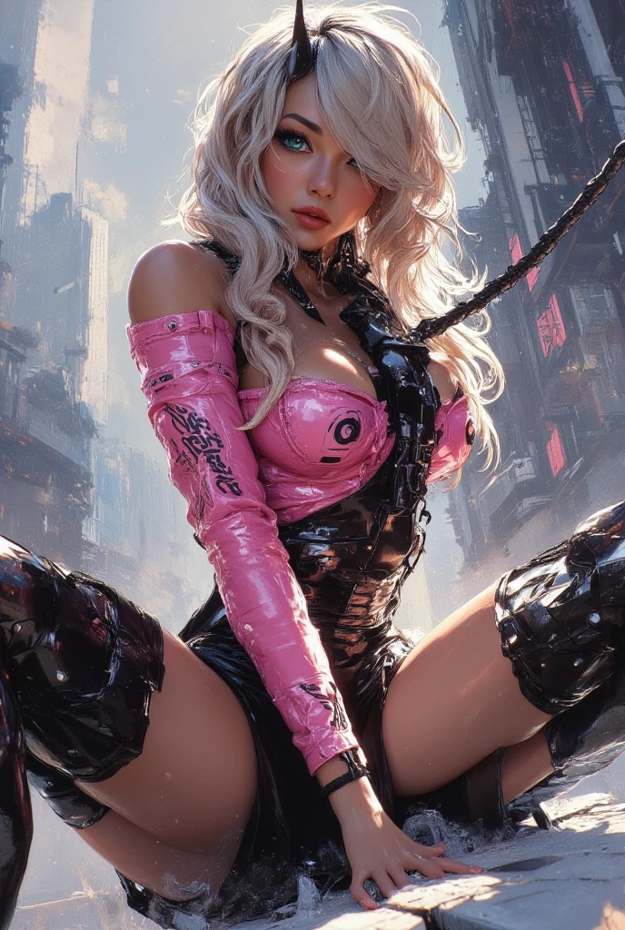 (photorealistic:1.4),best quality, ultra high res, 4k, instagram, higly detailed, ((SFW)) ((( Margo Robbie))),(pink full bodysuit:1.4),animal ears, (fake animal ears:1.2), gloves, headphones, headset, (red jacket:1.5),(latex full bodysuit:1.3),(pink latex bodysuit:1.2), pink eyes,(twintails:1.2), white gloves, (white hair:1.3), VirtualGirl-Aim, medium breasts, crystal pendant, smile, cyber punk background,