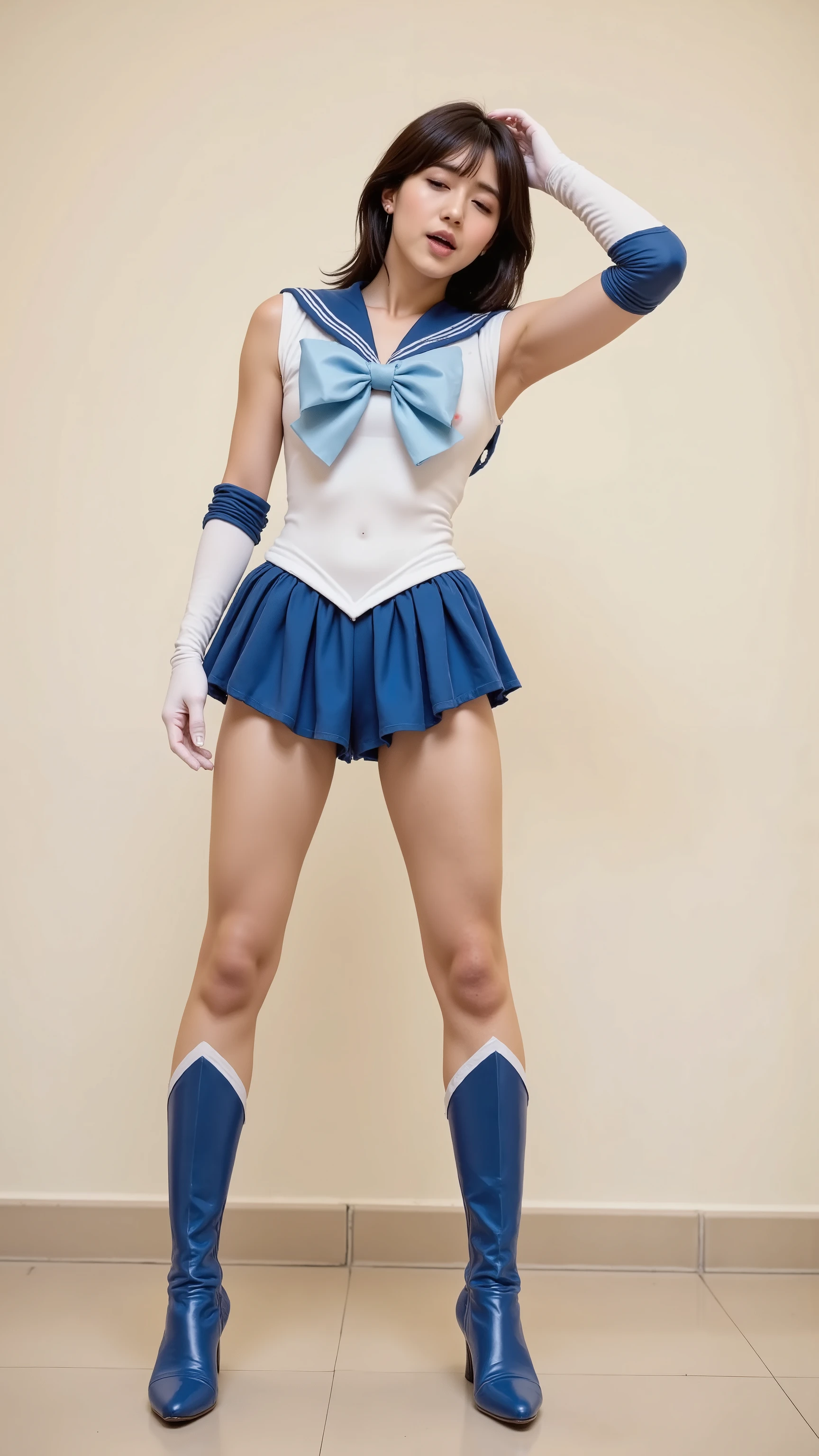eyes closed、is sleeping、Satin gloves that fit white arms、satin sailor mercury costume are torn to pieces、There are a lot of holes in the sailor mercury costume、I can see my bare skin through my tattered costume、Draw 、Drawing nipples、There are a lot of holes in the sailor mars costume、bloody、、Bleeding、A distressed expression、Gone