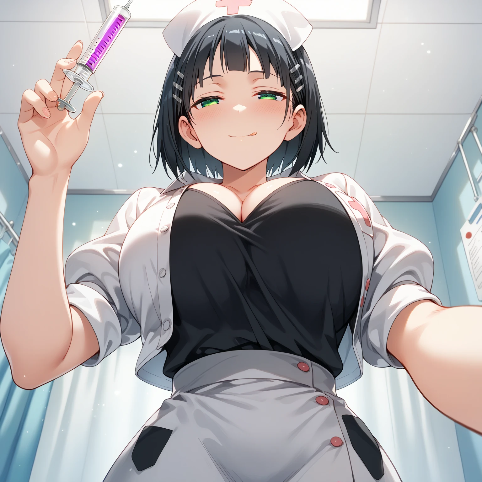 high quality、High resolution、high resolution、Inside the love hotel、One Woman、She is wearing a white nurse uniform、White headband、White garter belt、((The woman is having sex lying on her stomach)、My eyes are flickering、Are fat(1.6)、Wet(1.4)、Tree Eyes(1.9)、The corners of the eyes are pulled out.、Green Eyes、Saggy breasts(1.9),Big Breasts(1.9)、Long chest(1.9)、Her breasts are shaking up and down、Bluish black hair(Braid and tie on top of the head、Short Hair、slippery head、Wetた Hair、Silky Hair)、(Spreads to the eyes,7Bangs cut into three layers))、Oho face、(((Angle from the buttocks))) (((Black man)))、(Big penis)、(A man has sex with a woman from behind)