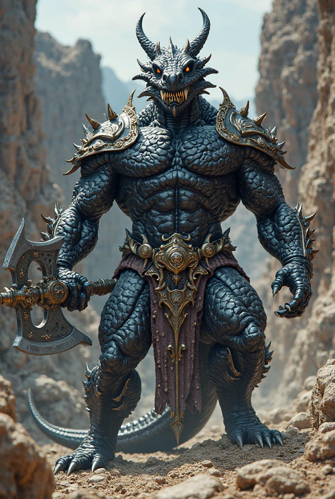homme dragon noir, tête de dragon noir,corpulence impressionnante ,une armure d'écaille de dragon noirs,les yeux sont rouges,il a une hache énorme noir,armure imposante,armure très solide,armure chevalier,armure démoniaque,très agressif,menaçant,puissant,musclé,peau à écaille noir,réaliste,photo,grotte sombre,museau court,sans corne sur la tête