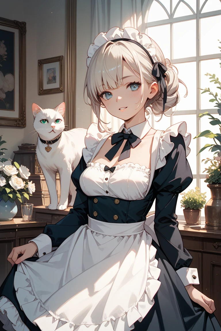 ((((masterpiece, best quality, high resolution)))), 1girl, white hair, purple eyes, short wavy hair, average breasts, blush, light smile, parted lips, glow, thighs, bare shoulders, collarbone, narrow waist, cleavage, (beautiful detailed face, beautiful detailed eyes), long slender thighs, perfect eyes, (cat ears, maid outfit, maid apron)
