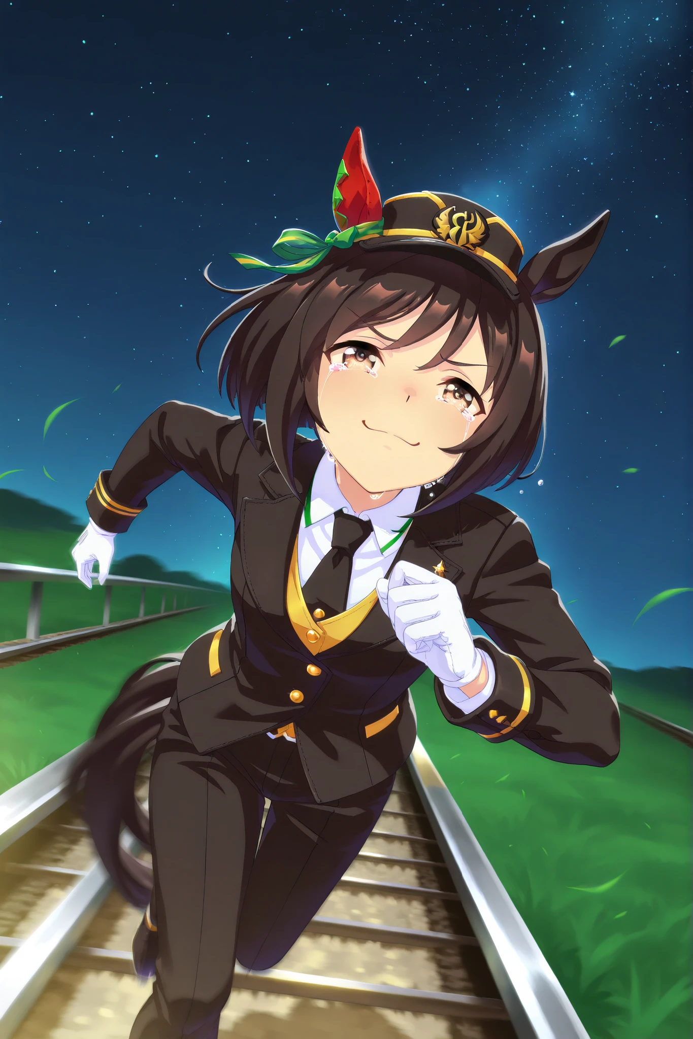 Solo,anime style,Dutch angle,Looking ahead,starry sky,grass course,((dynamic pose,running on the Rail,motion blur)),red ear cover,BLACK HAIR SHORT BOB,brown eyes,railway peaks cap,lapel vest suit,White gloves,smug,happy tears,sobbing,umamusume,digital art