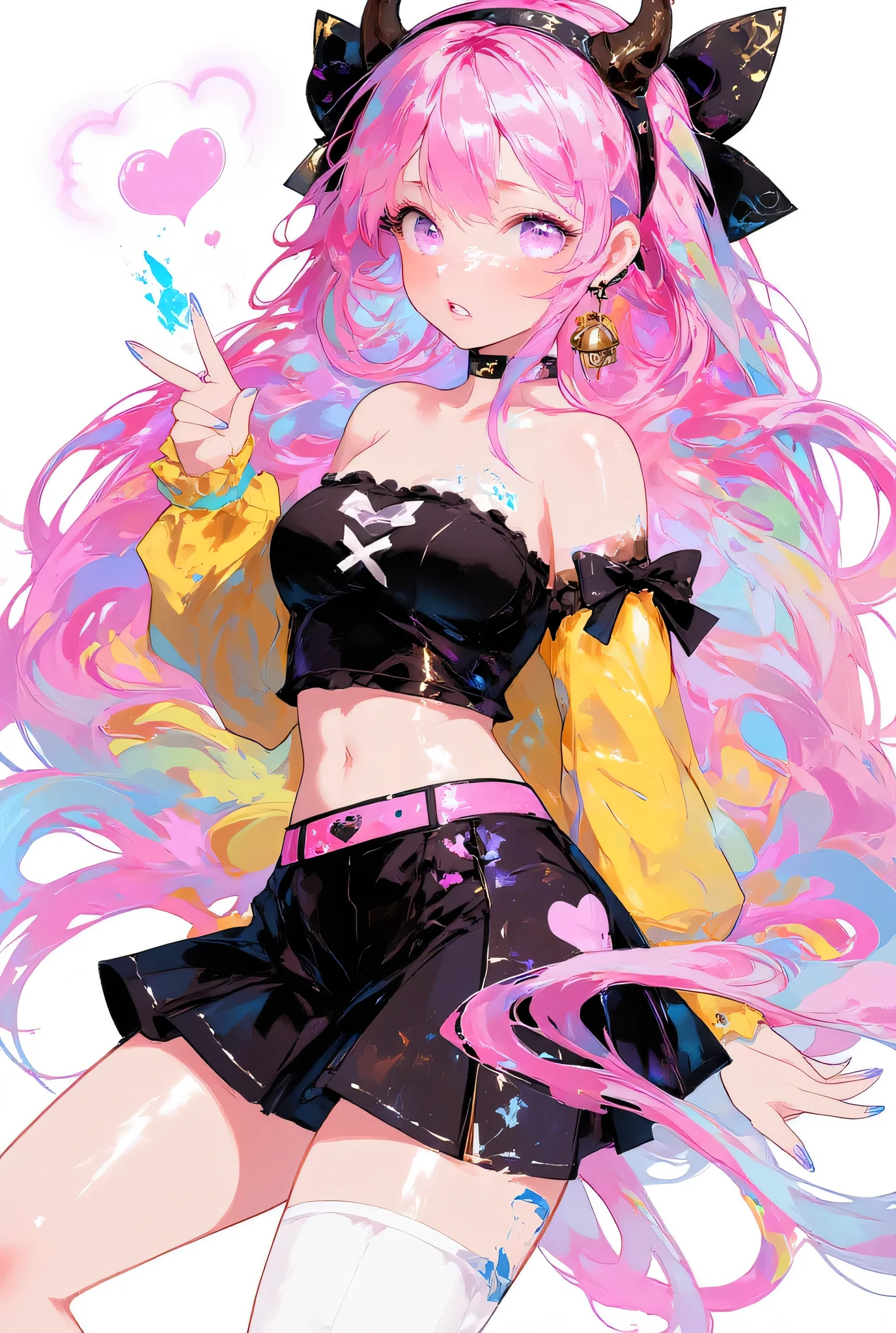 1girl, solo, varesa (genshin impact), varesa, genshin impact, cow girl, bandaid, low twin braids, long hair, pink hair, aqua streaked hair, purple eyes,
ahoge, cow ears, cow horns, cow tail, crossed bangs, hair intakes, yellow detached sleeves, hairband, white leg warmers, heart print, long sleeves, midriff, pink tail, black miniskirt, pink belt, pleated skirt, puffy detached sleeves, white single thighhigh, pom pom (clothes), thick thighs, bell earrings, black crop top,
open mouth, blush, :o,
abstract background, white outline, dynamic pose, ((upper body)),(masterpiece:1.2), (best quality:1.2), (amazing quality:1.2), (beautiful eyes, detailed eyes:1.2), cinematic shadows, cinematic angle,
Varesa Genshin Impact, kawaii, cute,