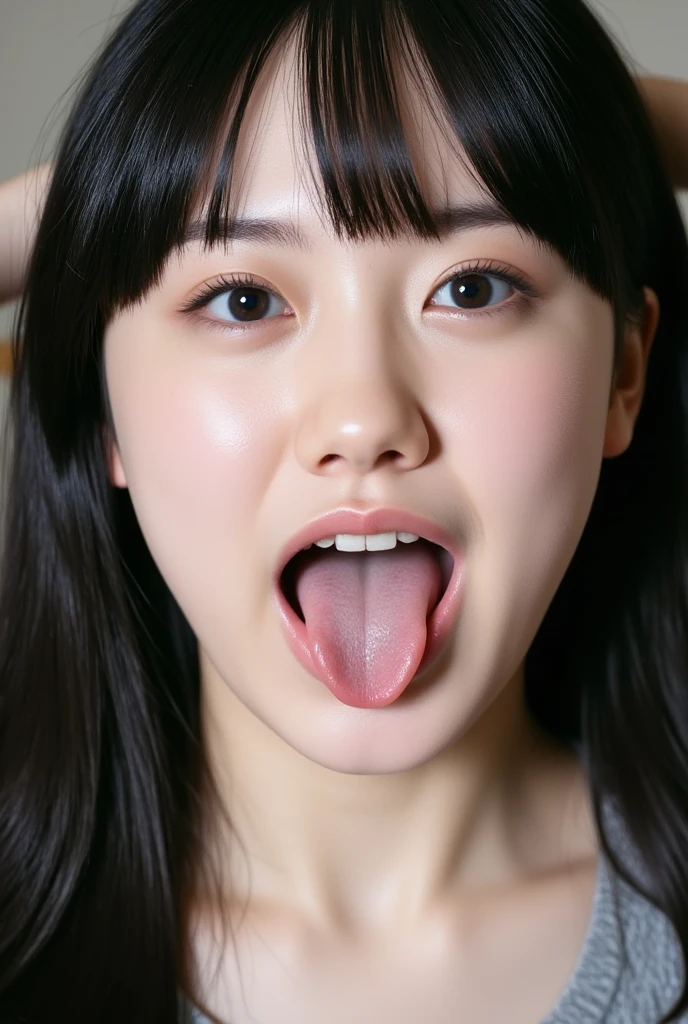 table top,,Awards - Award-winning photos, very detailed, close up of face、focus the eyes clearly, nose and mouth,face focus, woman with open mouth and closed eyes, close up face focus、35 years old,black haired、symmetrical face,realistic nostrils、angle from below、elongated C-shaped nostrils、sweaty skin、Lighting that highlights Skin shiny with sweat、((sharp nose))Skin shiny with sweat、shiny skin、Big eyes、double eyelid、(My tongue is wet and shiny) ((wet tongue)) ((Berokisu))garden,In front of mimosa flowers,