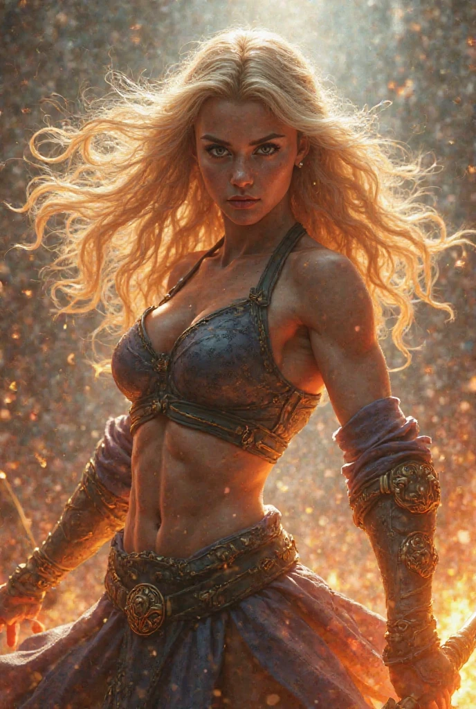 Slava is a beautiful female warrior, dirty blonde hair, in the style Simon Bisley, skimpy chain mail, high detail face, high detail skin, slim muscular body, Heavy Metal aesthetic, battlefield background, high quality, masterpiece, realistic photo, intricately detailed, 8k, HDR lighting, shallow depth of field, wide light, high contrast, backlight, light flares, sharp focus, RAW color photo, looking at the camera, cool colors, erotic pose, fierce