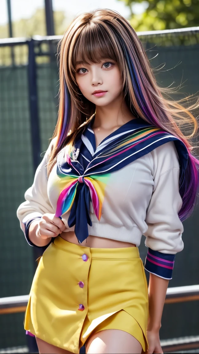 Masterpiece, Best quality, 1girll, Loli, hair, Blue eyes, Very long hair, hair flower, pink school uniform, pink Mini skirt, cheerfulness, Amazing, Beautiful detailed eyes, Depth of field, Original, Outdoors, soaking wet, beautiful detailed water, Beautiful detailed sky, fluttered detailed splashs, author, Colorful, hdr, colorful refraction, cinematic lighting, attractive pose, upper body capture, Huge Breast:1.8