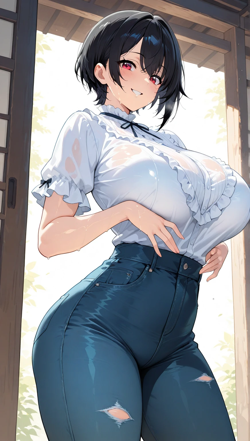 (Perfect hands、Perfect Fingers、Perfect Anatomy)、1 female、Ecstasy face、Detailed eyes、Beautiful short hair、Curly Hair、Very fine and shiny eyes、Fuller lips、This image exudes reality、Capturing the essence of delicate portraits、Digital Art、Photorealistic and highly detailed technology、(Big Breasts:1.5)、(Short skirt:1.6)、(Maid clothes:1.3)、(Bodyline)、(Japanese women)、(Panty shot:1.4)、Emphasized buttocks、(Stick your butt out:1.2)、Glasses、(Angle from behind:1.2)