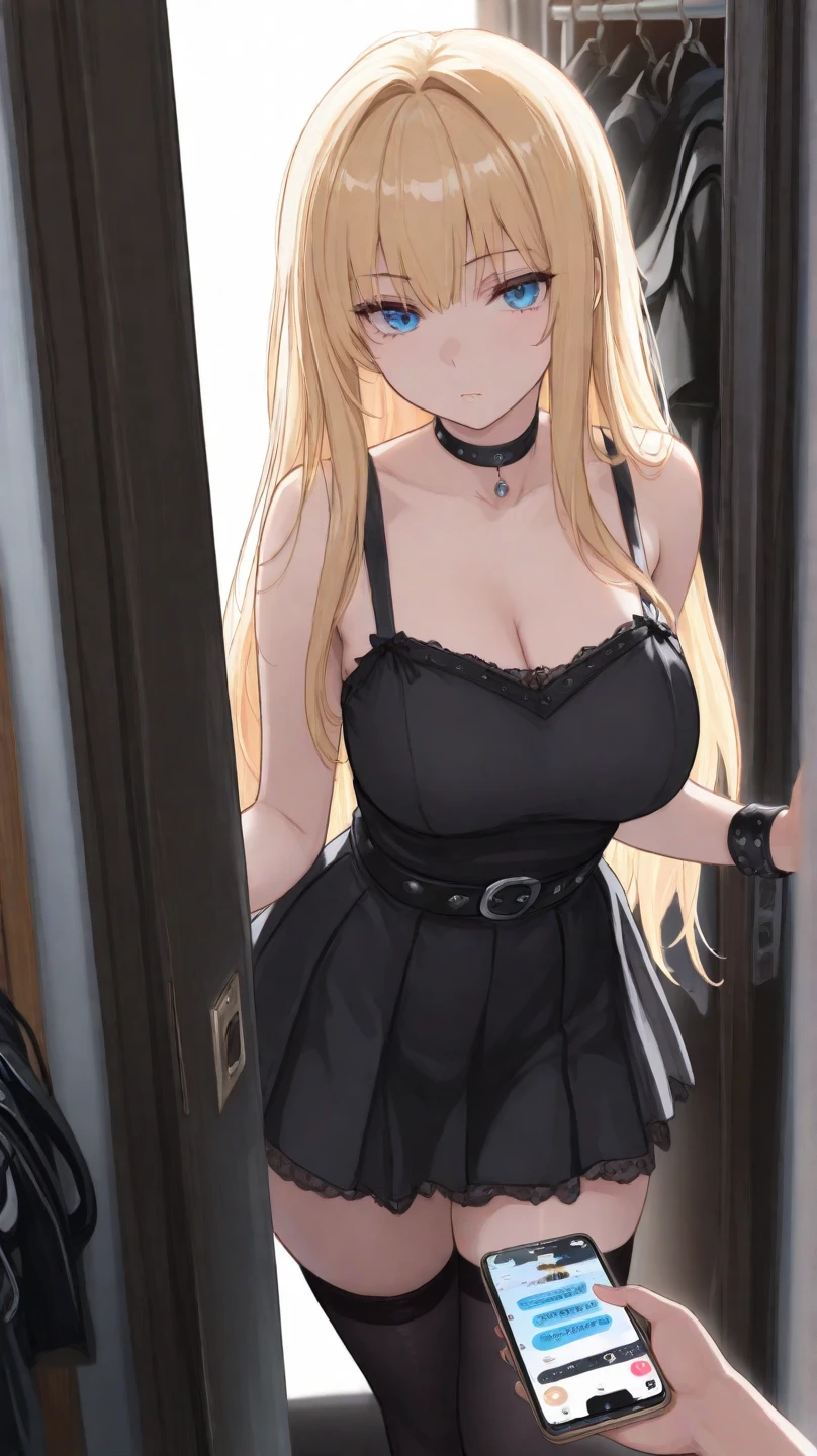 Shy, long blond hair, huge tits, tight black dress, standing infront of the enter door, bed room, crossed arms, blush,