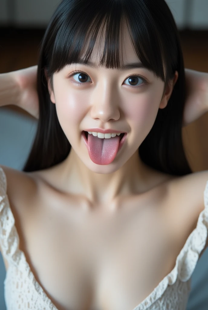 (((upper body shot))),(nude),(nipples),Ultra-high resolution,big eyes,smile,(open mouth with tongue),((tongue out)),Japanese,bangs,(a girl),(1 girl),((18-year-old)),((cute)),pretty,eyes closed
