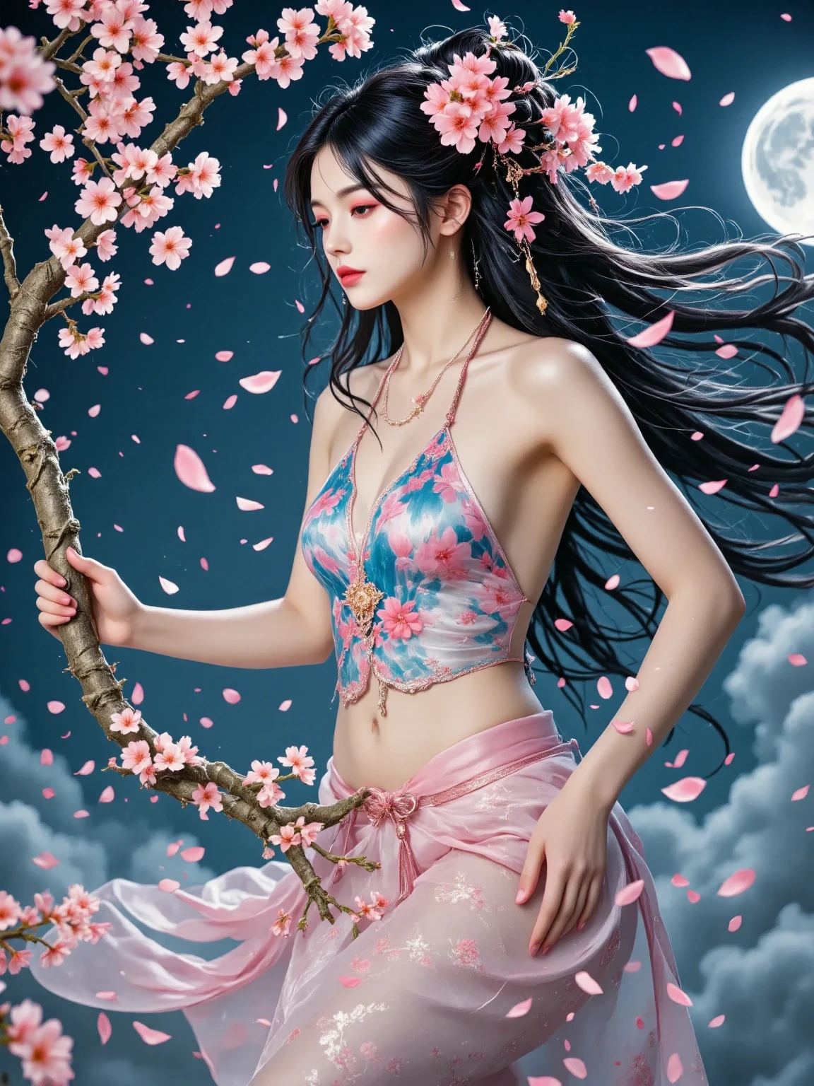 loose outfit、Show shoulders、Navel Ejection、How to wear a gown with a dark see-through halter neck broken、Decorated with intricate patterns and pastel colors、Transparent material that makes the skin shine、Artistic depiction of seductive woman in gown with wet thin cloth and transparent skin, Floral and fantastic pattern with flowing silky traditional see-through skin。Her dress draped elegantly around her curvaceous figure、Emphasizes her charming silhouette。She's a gentle fireworks night、Dynamic Posing、Sexy Posing、bathed in the soft glow of moonlight。The scene is、With a hint of mystery and sensuality、It exudes an ethereal dreamy atmosphere。The image style is、It incorporates a blend of watercolor and digital illustration techniques.、It makes you feel delicate beauty and charm。Soft moonlit lighting、Cast gentle highlights and shadows on her mesmerizing features。Dynamic Posing、Bold poses、The hand is somewhere、see -through、show through、A sexy、Wet hair、Wet、cherry trees、flower petals、cherryblossom、The cherry tree、Sakura blizzard、buried、Transparent skin、Wet clothes、Chest Pulling、Translucent clothes、Eau、nudde、garterbelts、fishnet tights、huge moon