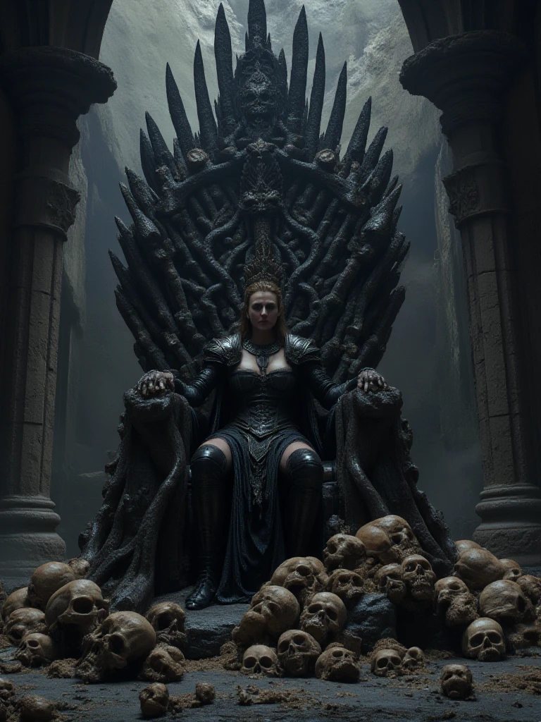 A throne that is in a dark and apocalyptic place, parecido com uma masmorra
