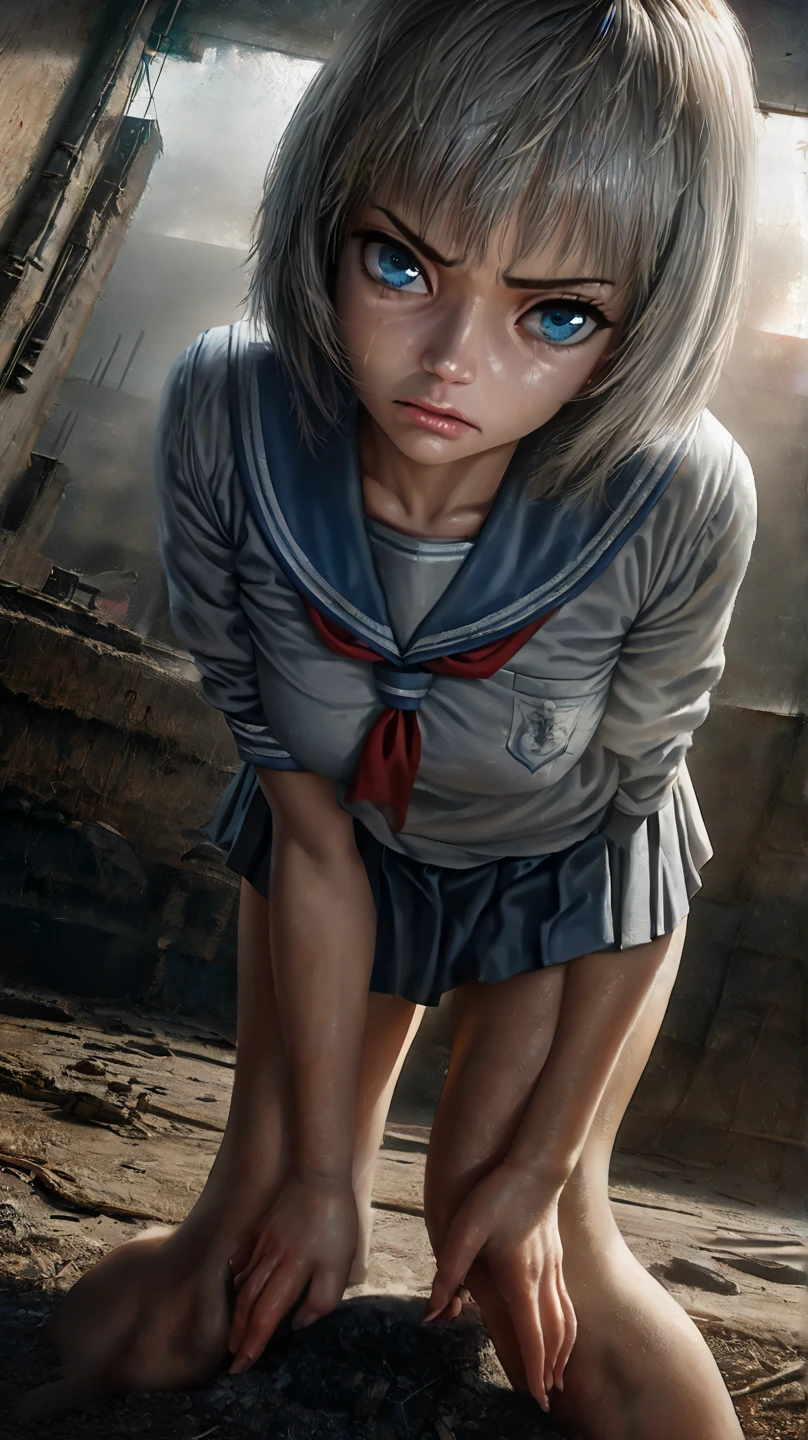 young child Bubbles, blue shirt skirt, white full stockings, blonde pigtails, pretty face, detailed eyes, intense look, fighting pose, destroyed city, distant fires, rising smoke, (masterpiece:1.2) (illustration:1.1) (best quality:1.2) (detailed) (intricate) (8k) (HDR) (wallpaper) (cinematic lighting) (sharp focus) <lora:powerpuffGirls_v10:0.6>
