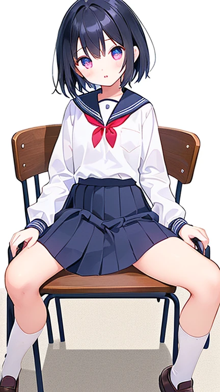 ((masterpiece, best quality)), high resolution,ultra detailed,8k,16k,detailed background, perfect lighting,detailed beautiful eyes,1girl,solo,nsfw,embarrassed,blush,look at viewer,((steam,from front,from below)),aroused,in heat,fisheye lens,(closed eyes,wavy mouth,sitting,hold knees,pantie),seductive eyes,naughty face,:o,(slender,kawaii),(nishino flower,purple eyes,horse ears,hair band,black hair,short hair,small breast,little body,short_body,flat color),purple sailor uniform