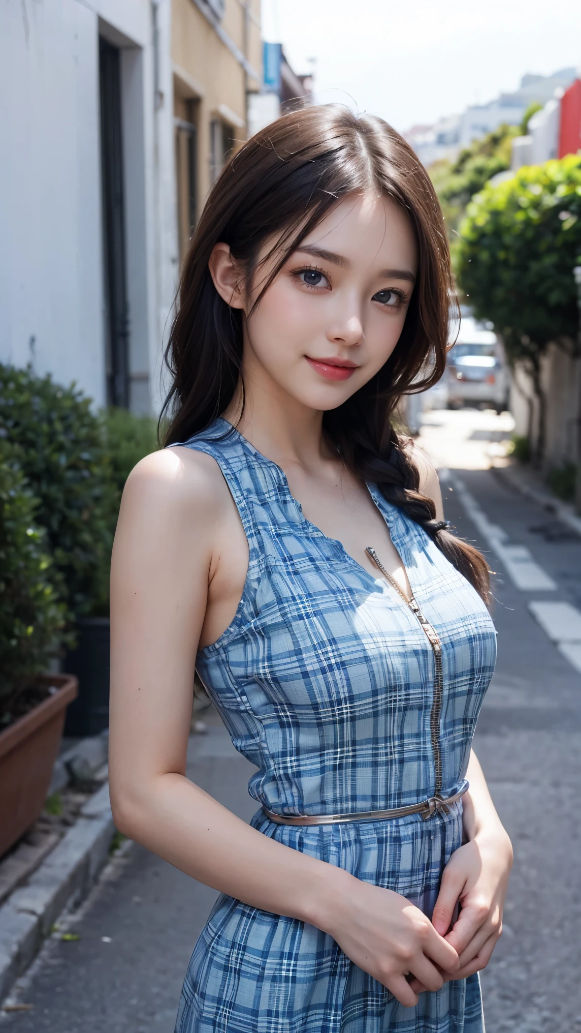 masterpiece、highest quality、cinema、(cute japanese woman、bangs:1.3)、23 years old、1 girl、elegant、black hair、(raise both arms above head:1.5)