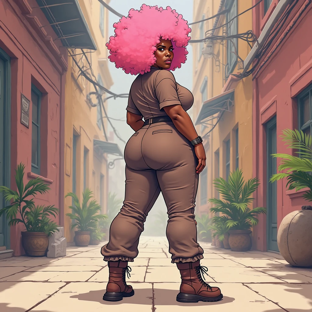 (best quality, masterpiece),An dark skin woman with dreadlocks in grey jeans and a black/red jacket standing outside, skinny waist and thick hips, thick thighs, thicc, thick, thick body, big booty, thick thigs, beautiful thick female, she has a jiggly fat round belly, largest haunches ever, large thighs, wide hips, great proportions, widest hips, insanely inflated hips
