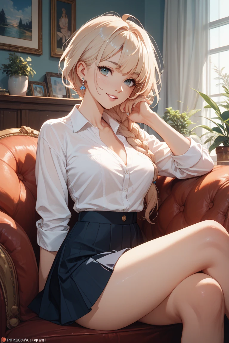 (masterpiece, best quality), (absurdres:1.1), ultra detailed, 8k, ultra highres, illustration, 1girl, young, long hair, dress, cinematic composition, (dynamic pose:1.2), in anime style, happy smile, open shirt, skirt, sitting on couch, window, crossed legs