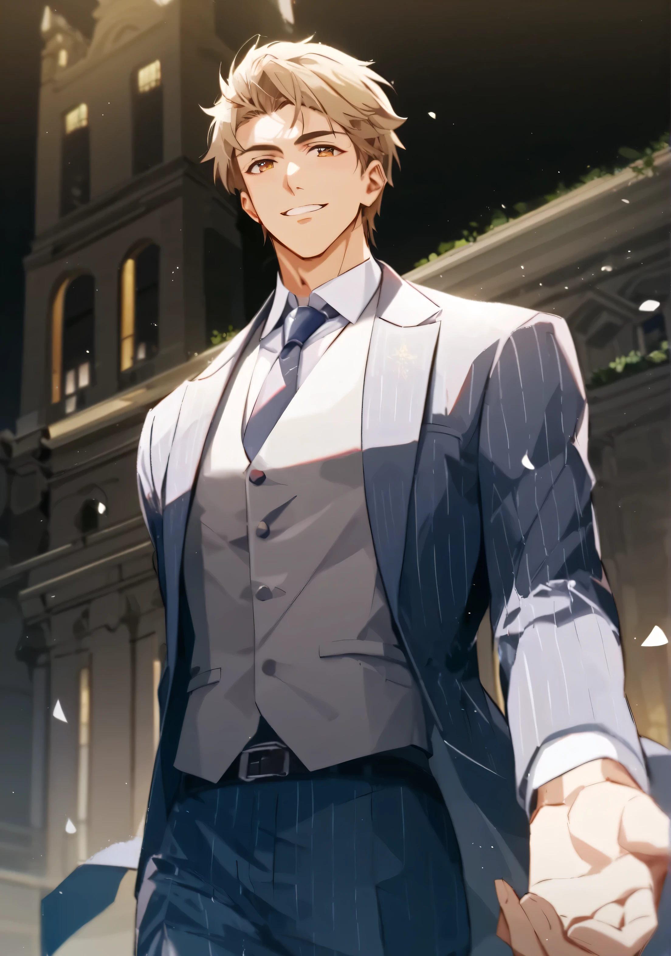 Man in a beautiful suit walking through New York at night、30-year-old male、Have a gentlemanly demeanor、Man with shoulder-length hair、Beautiful illustration of light brown hair blowing in the wind、 beautiful brown eyes 、 Delicate Lashes、Soft Smile for Viewers、 gray striped suit 、Light grey vest、low angle、8K、masterpiece、