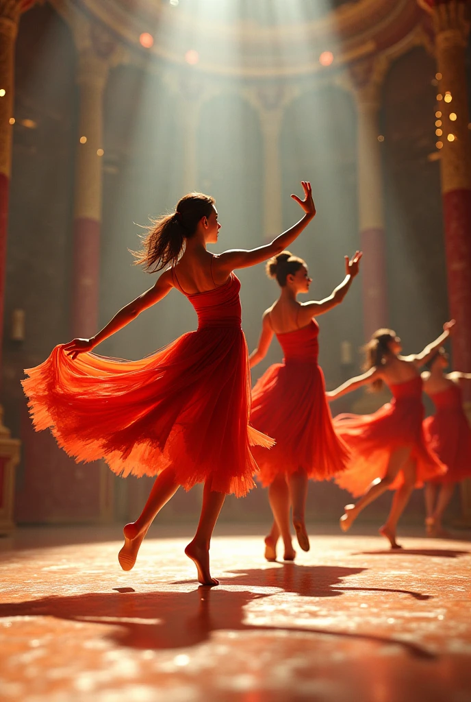 Three pretty, beautiful women perform an intensely synchronized dance in a large hall under a chandelier. The scene is grand and powerful, with dynamic shots capturing the energy and precision of their dance. Lighting includes flashing lights and dramatic color changes to enhance the dramatic effect.